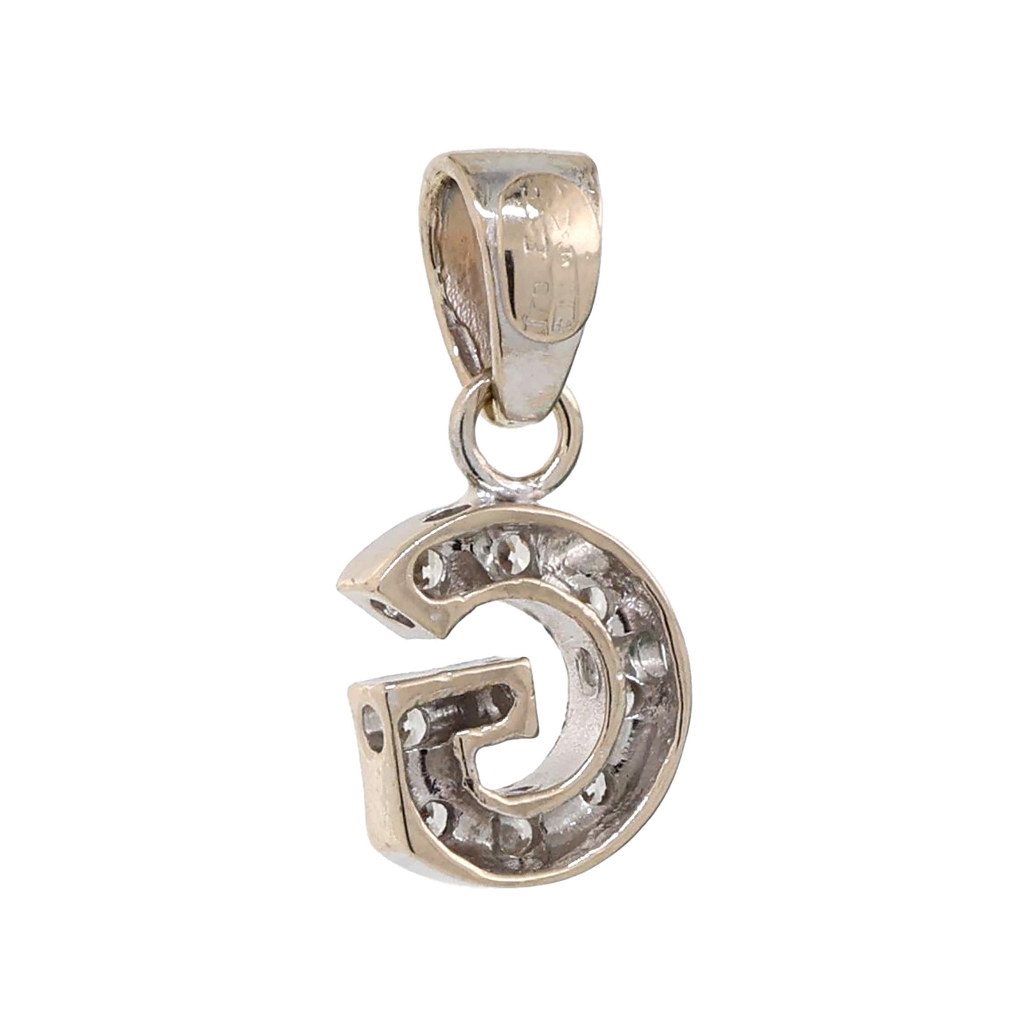 Diamond Letter "G" Pendant Charm 18K White Gold 0.15 TW 0.75" Estate