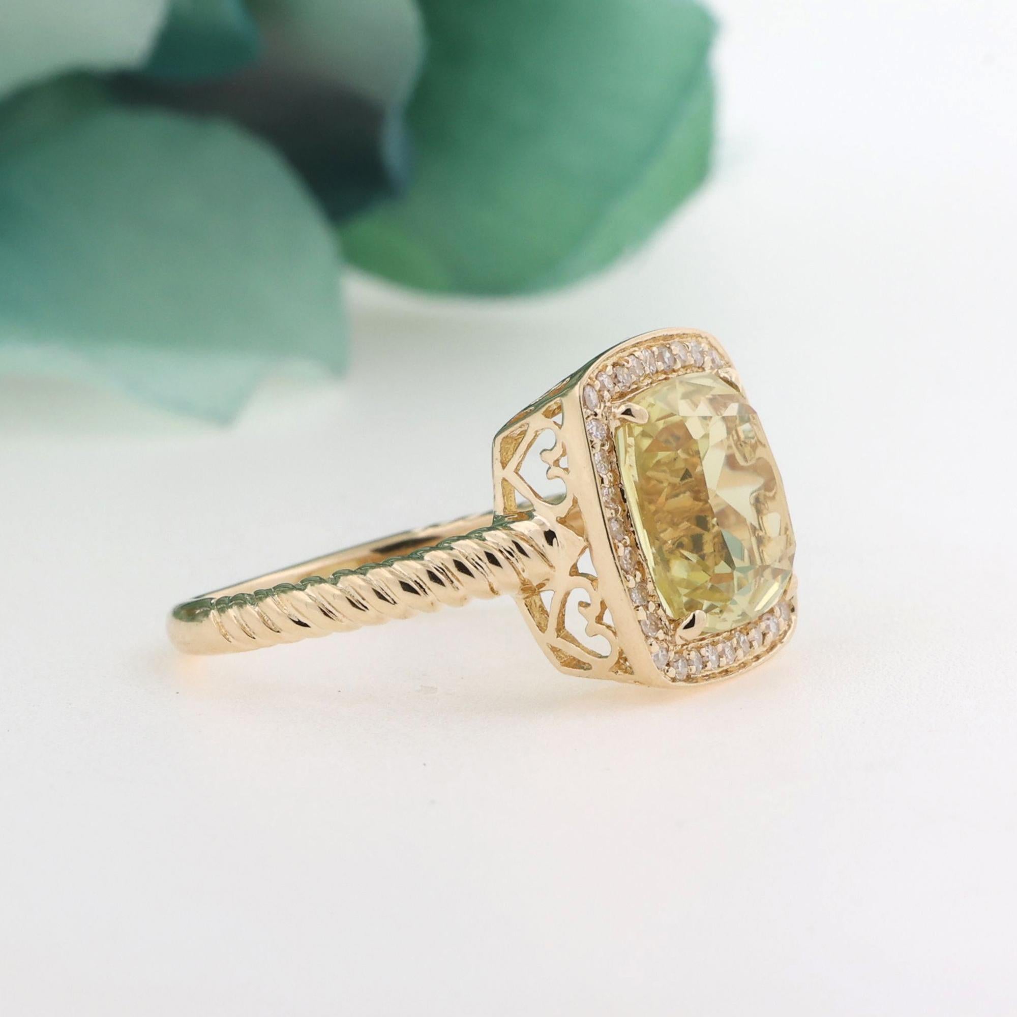 Lemon Quartz Diamond Halo Ring 14K Yellow Gold Heart Filigree 4.45 CTW Size 7