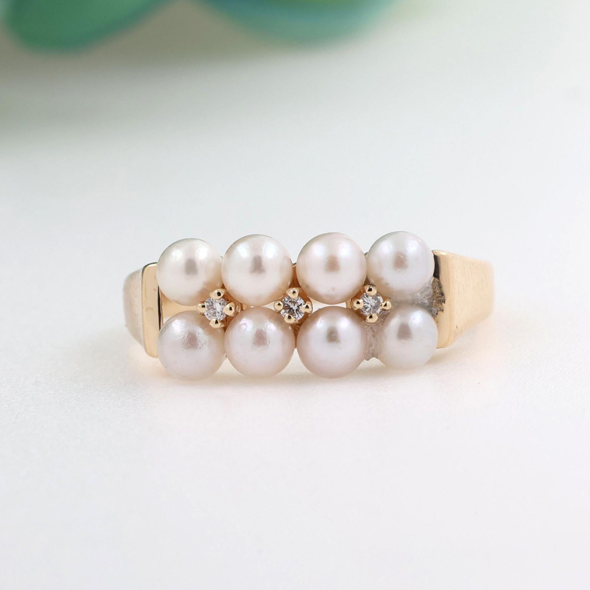 Vintage Pearl Diamond Band Ring 14K Yellow Gold Size 6.75 Ladies Estate