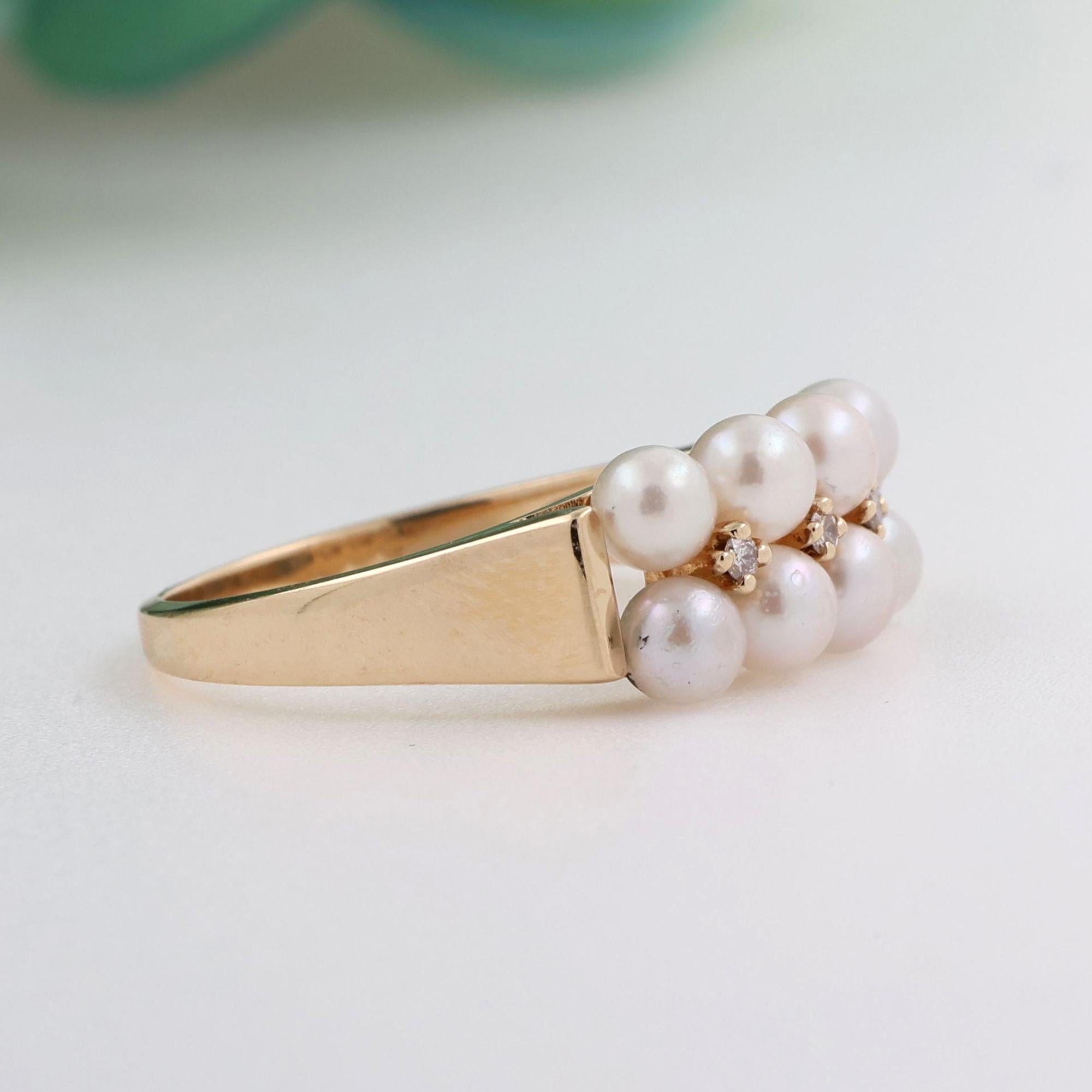 Vintage Pearl Diamond Band Ring 14K Yellow Gold Size 6.75 Ladies Estate