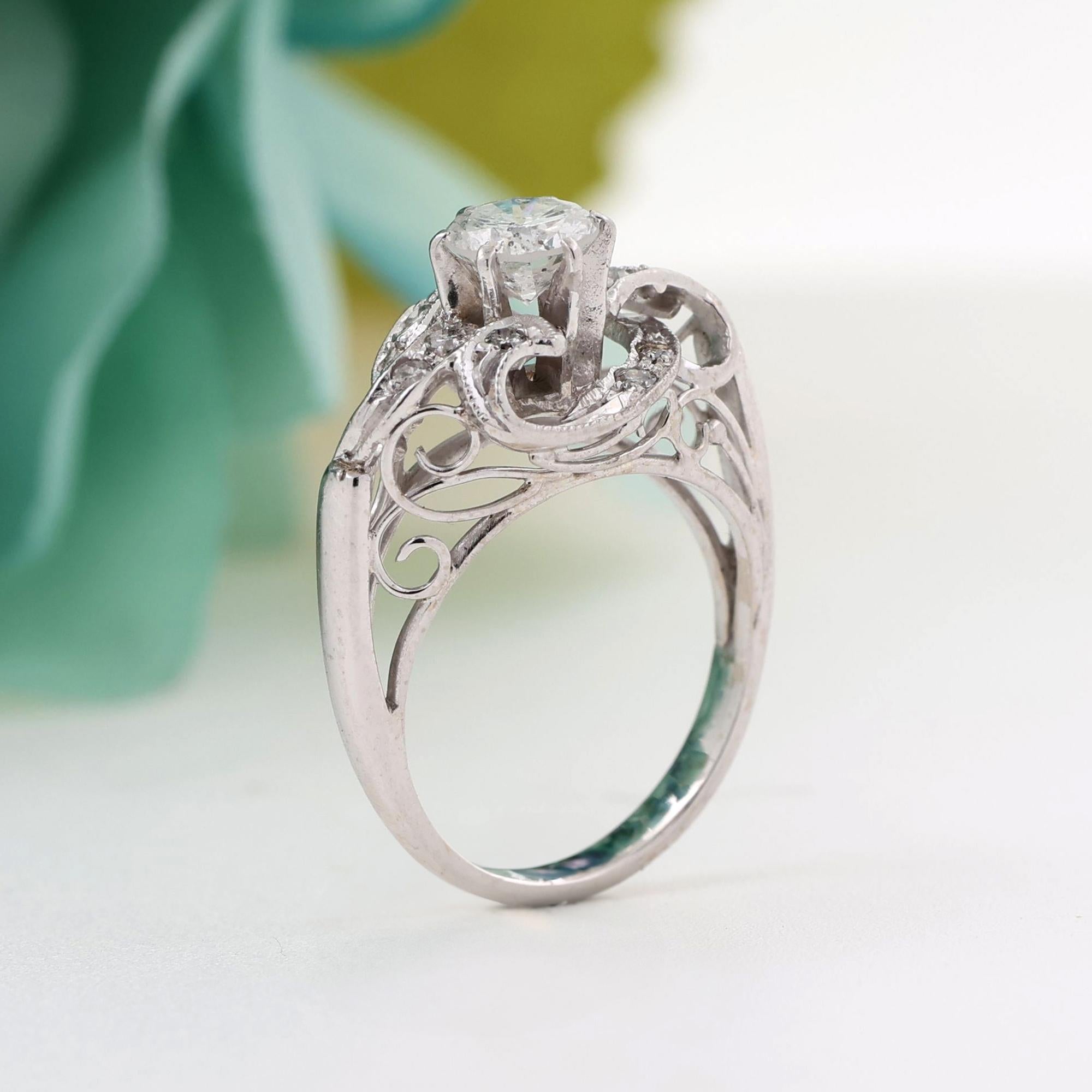 Vintage Round Diamond Filigree Engagement Ring 14K White Gold 0.74 TW Size 5