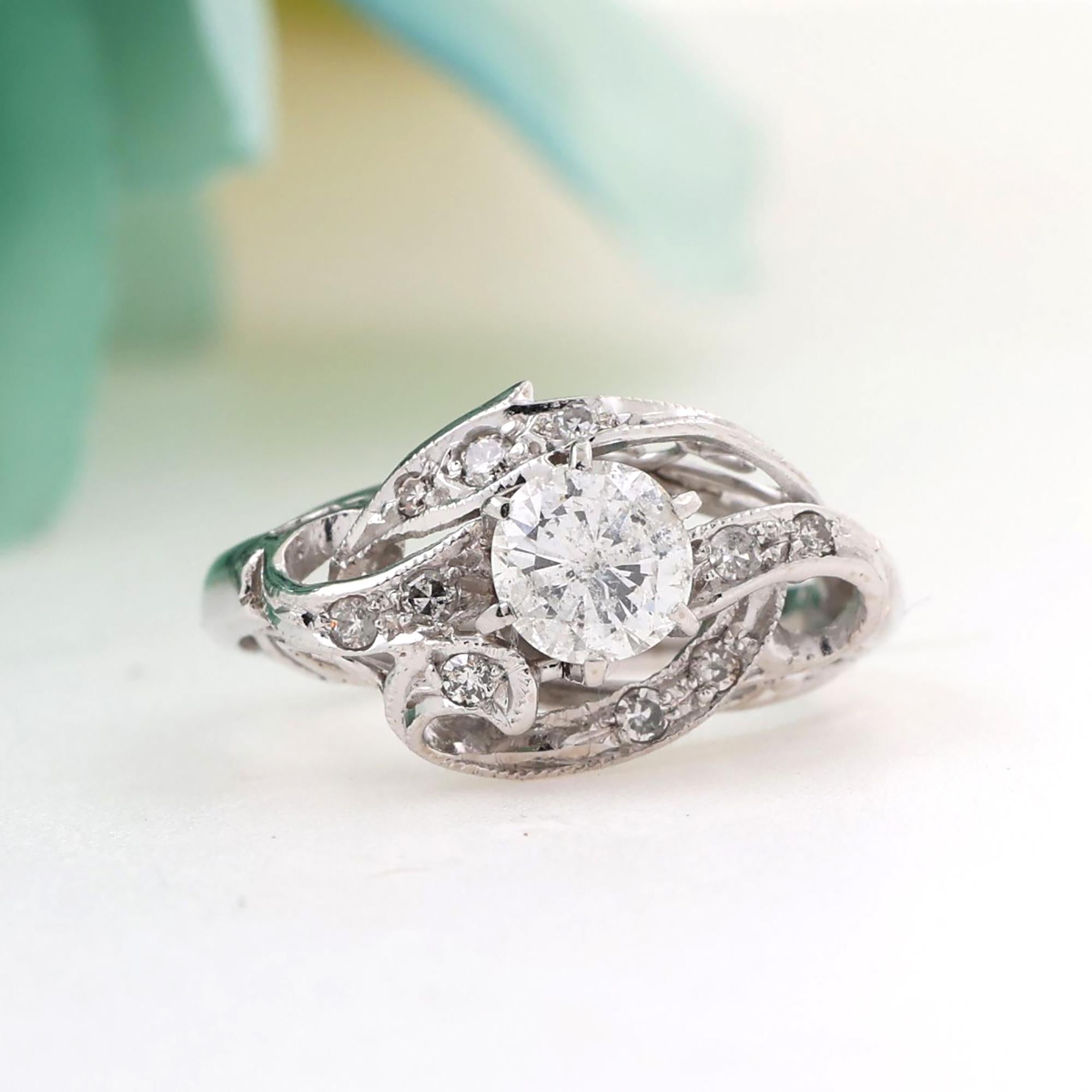 Vintage Round Diamond Filigree Engagement Ring 14K White Gold 0.74 TW Size 5