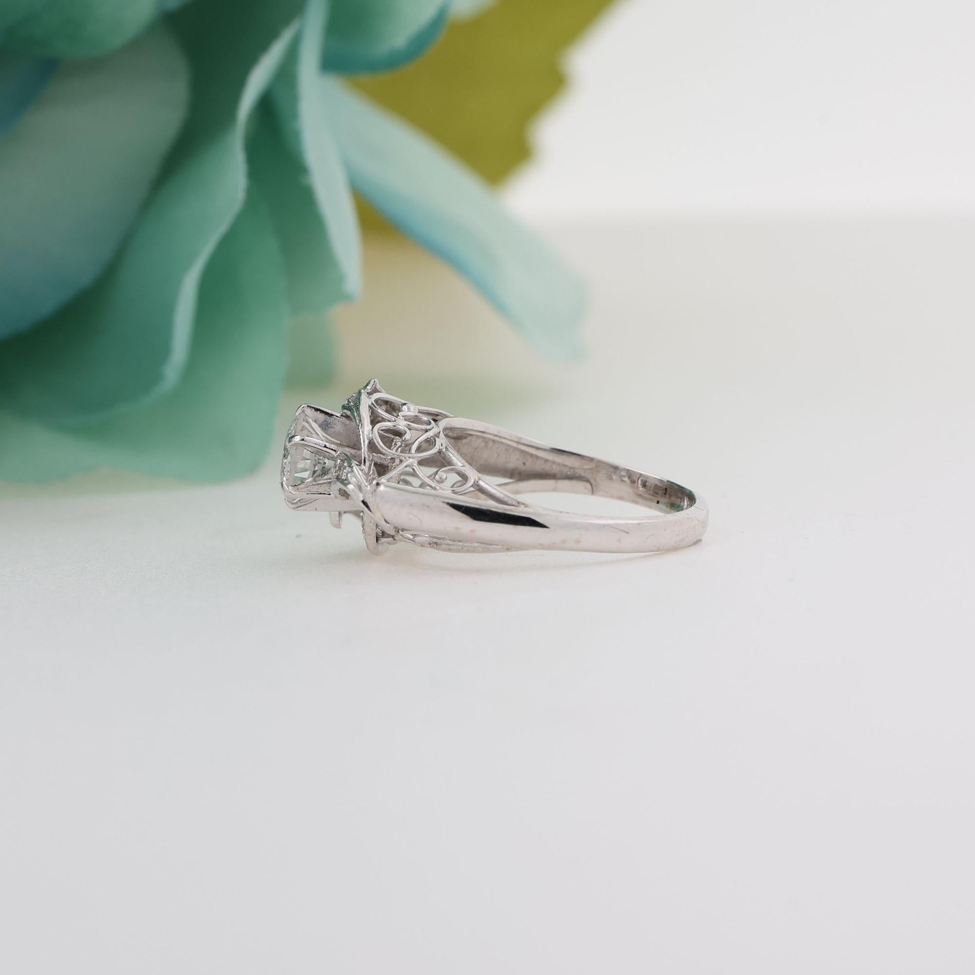 Vintage Round Diamond Filigree Engagement Ring 14K White Gold 0.74 TW Size 5