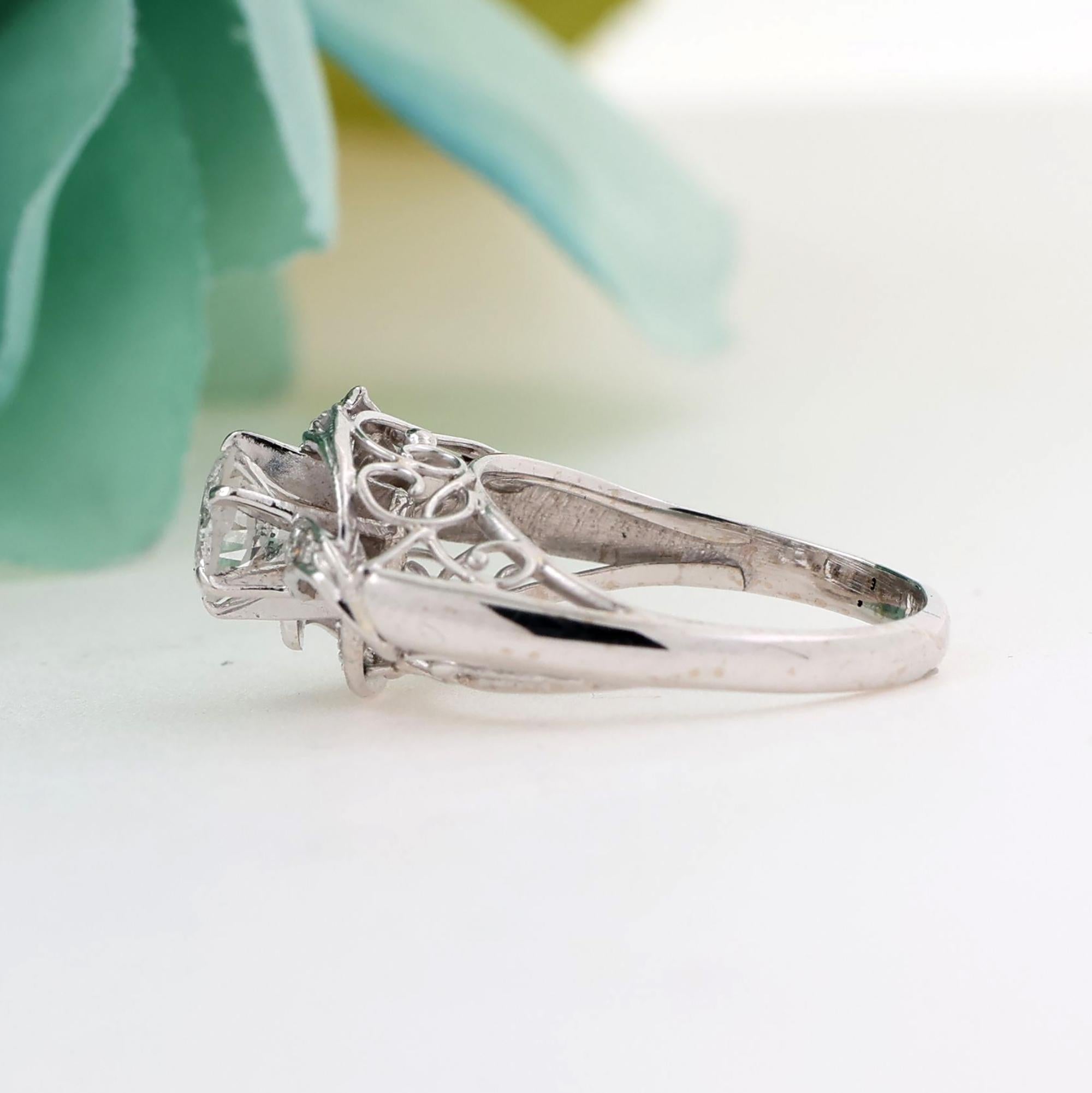 Vintage Round Diamond Filigree Engagement Ring 14K White Gold 0.74 TW Size 5