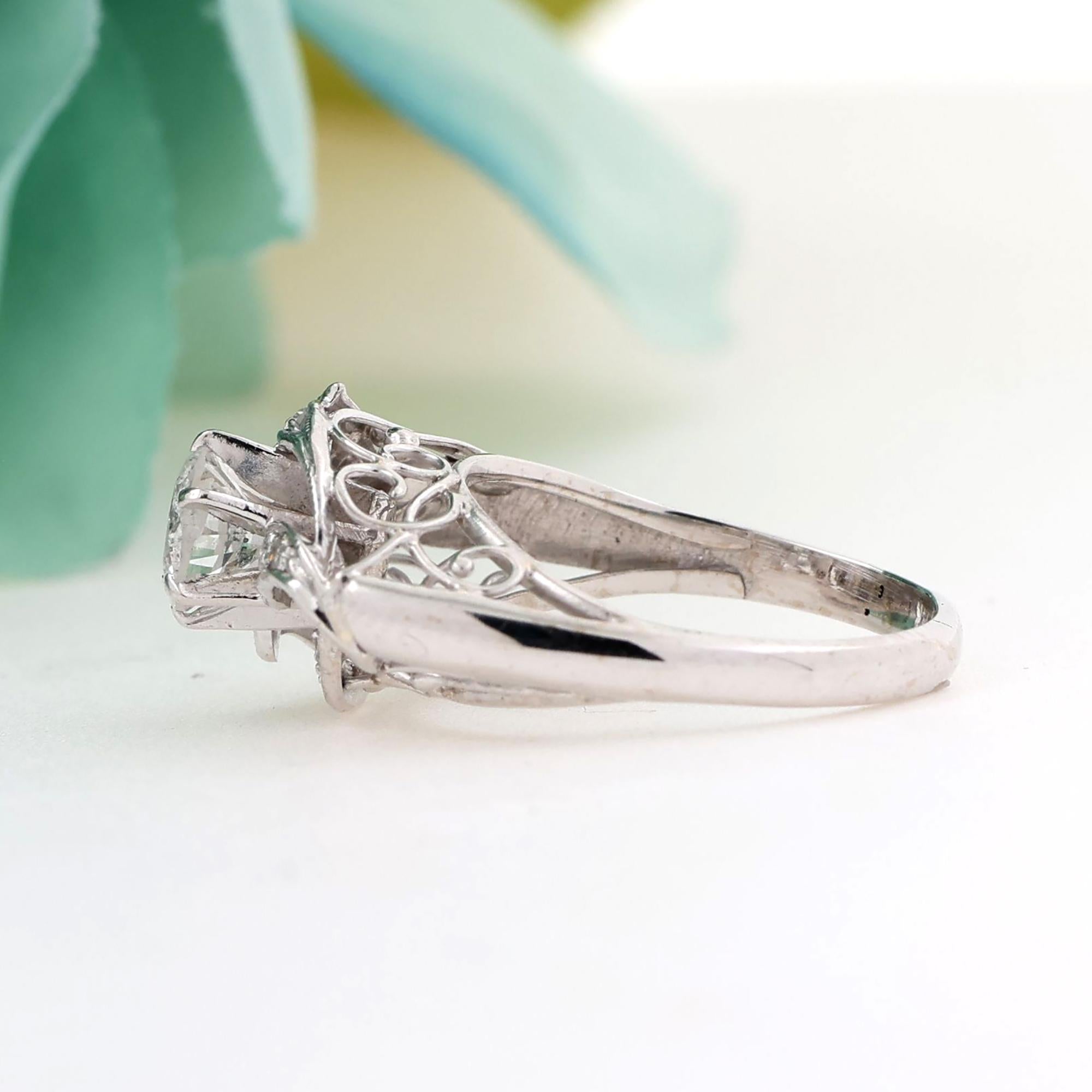 Vintage Round Diamond Filigree Engagement Ring 14K White Gold 0.74 TW Size 5