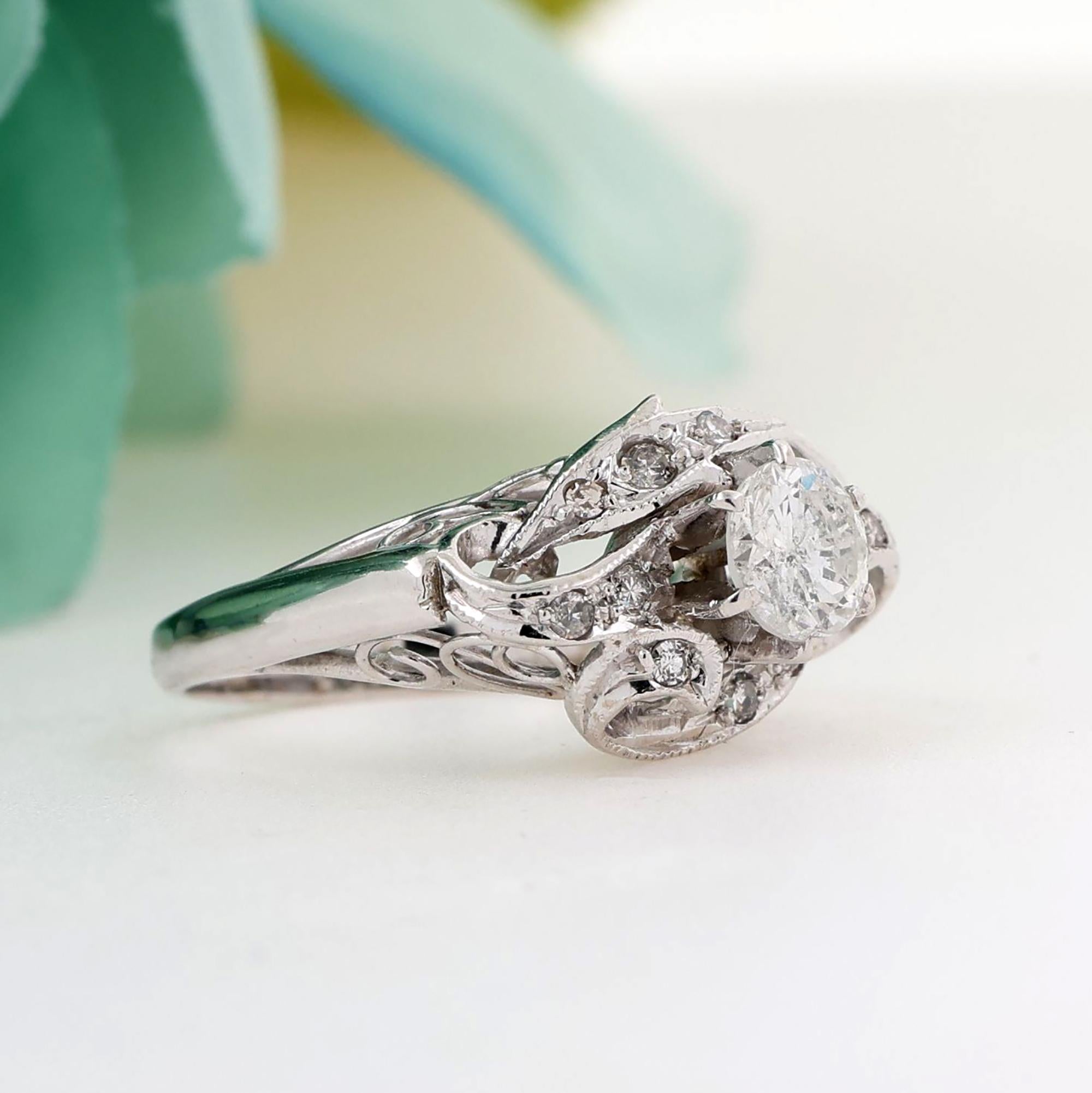 Vintage Round Diamond Filigree Engagement Ring 14K White Gold 0.74 TW Size 5