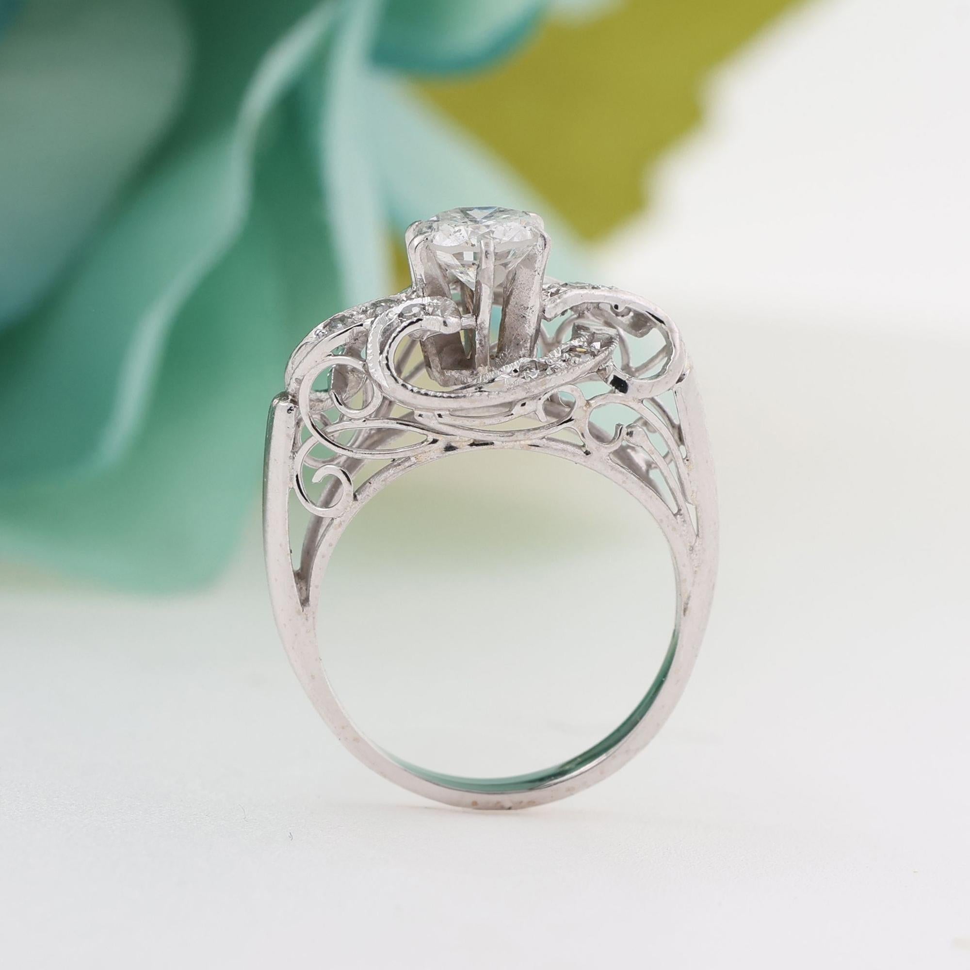 Vintage Round Diamond Filigree Engagement Ring 14K White Gold 0.74 TW Size 5