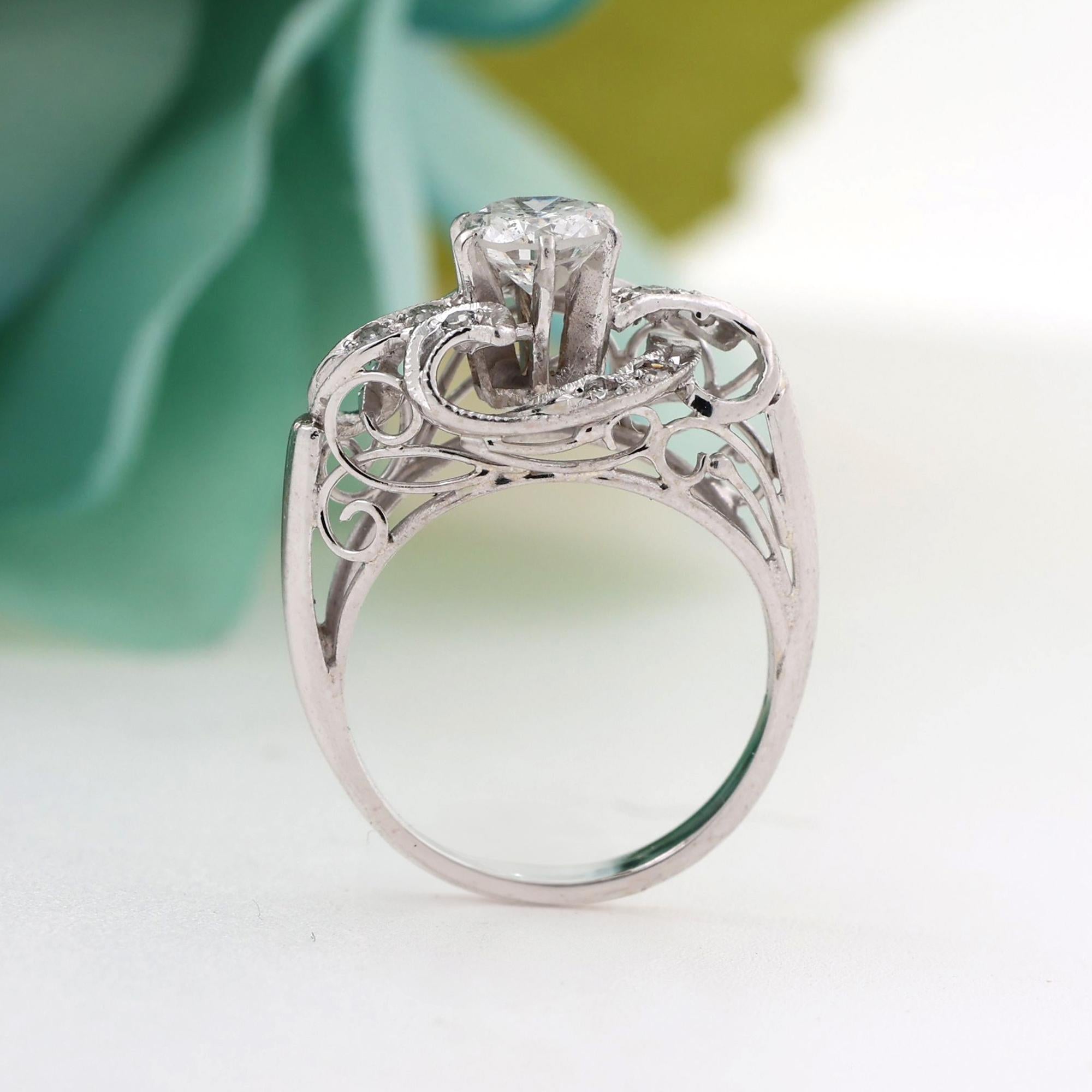 Vintage Round Diamond Filigree Engagement Ring 14K White Gold 0.74 TW Size 5