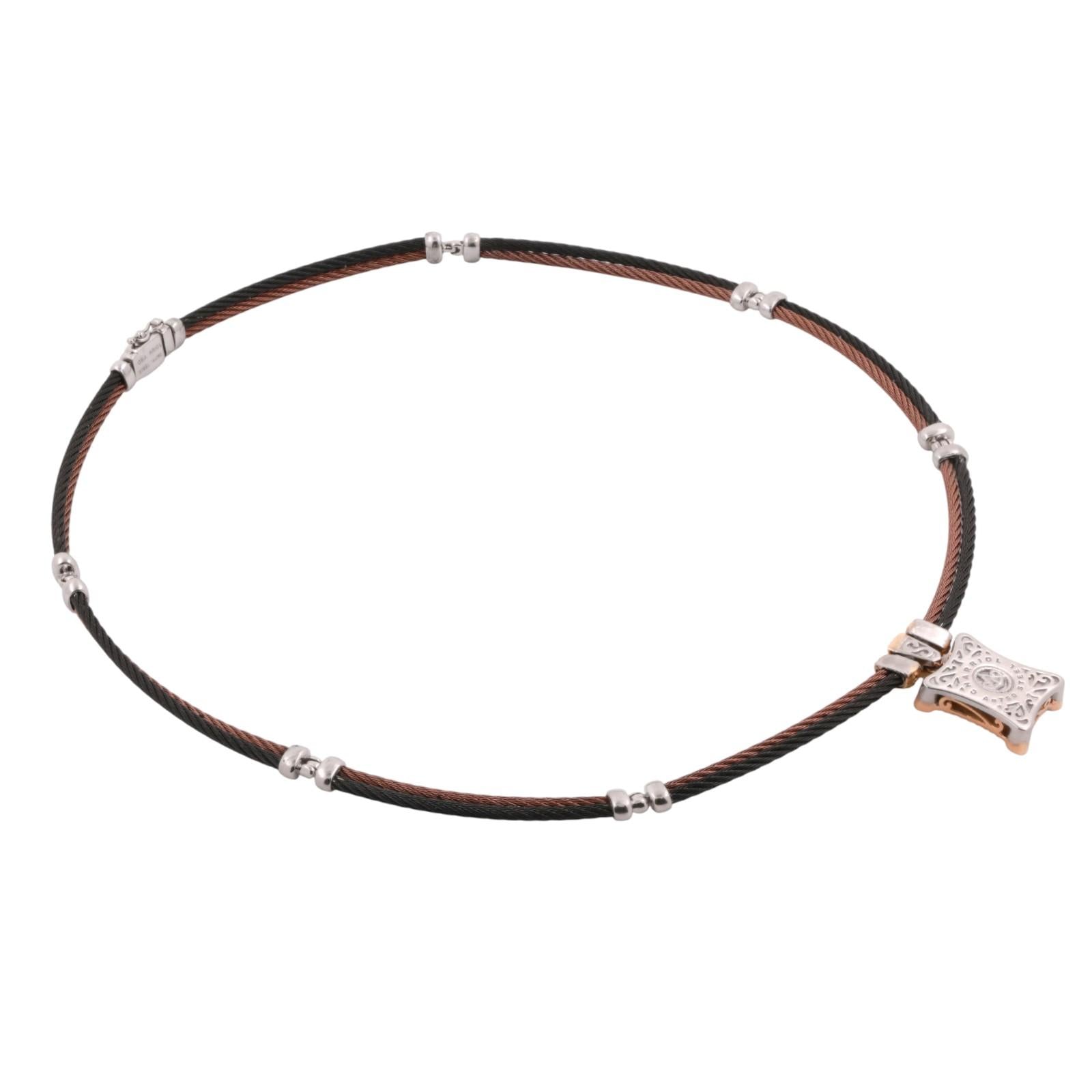 Philippe Charriol Diamond Pendant Double Cable Wire Necklace 18K Gold Steel 17"