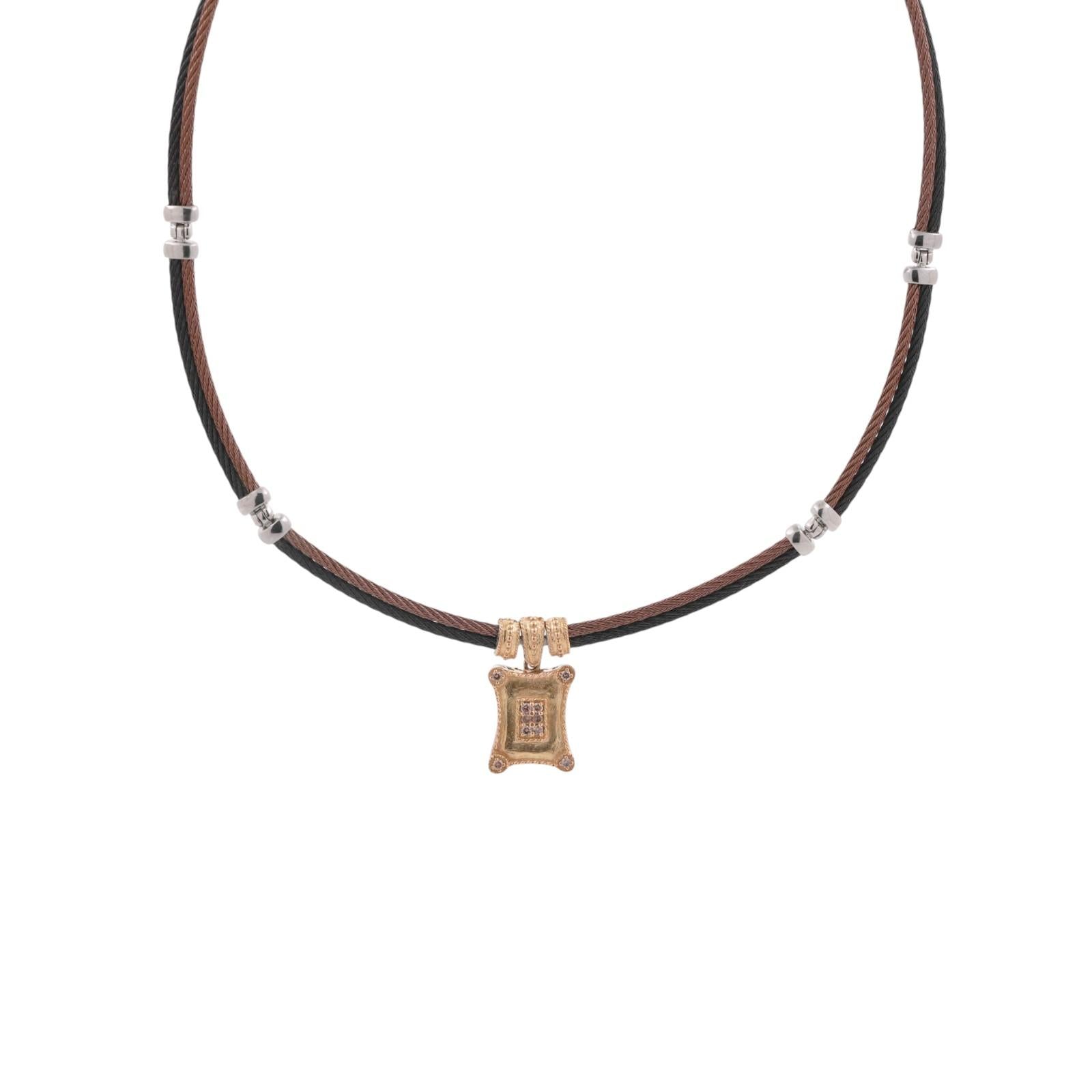 Philippe Charriol Diamond Pendant Double Cable Wire Necklace 18K Gold Steel 17"