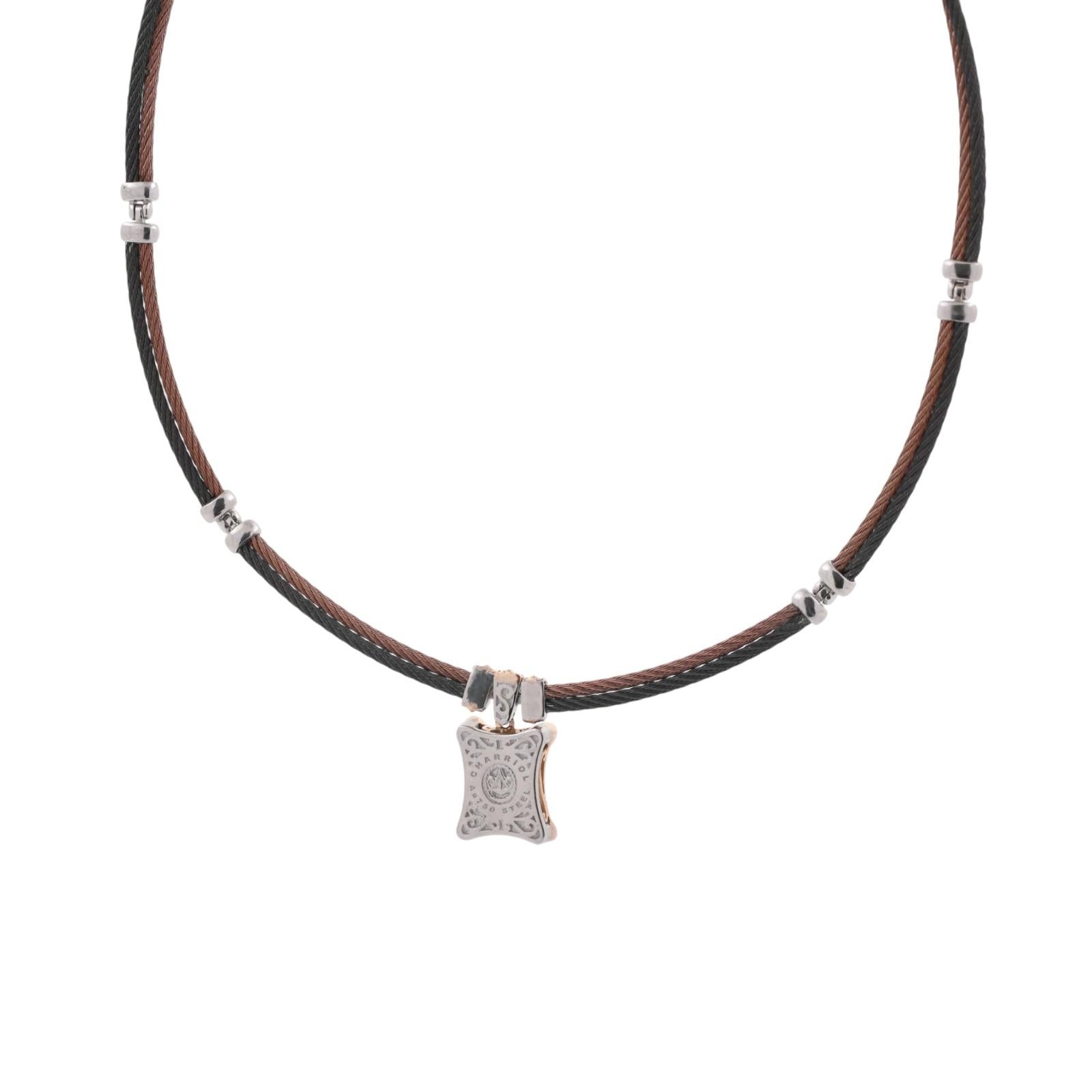 Philippe Charriol Diamond Pendant Double Cable Wire Necklace 18K Gold Steel 17"