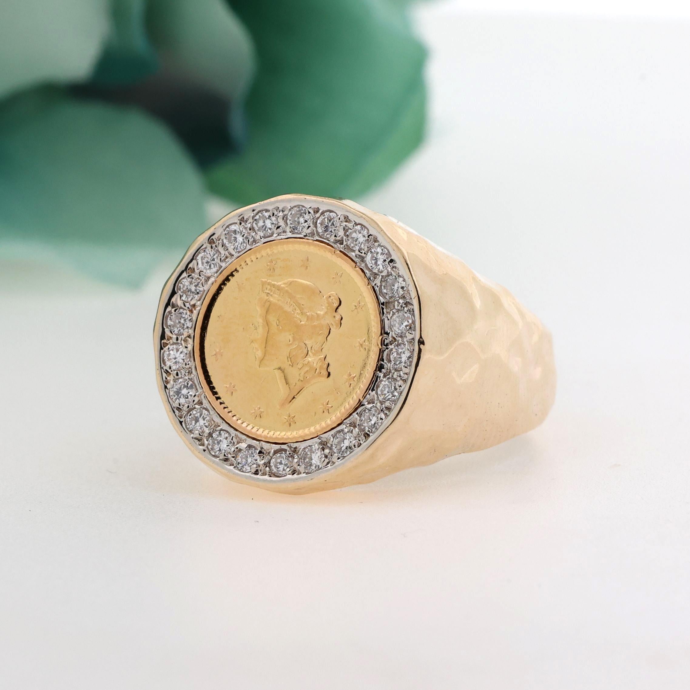 Men's $1 Dollar Liberty Coin Halo Diamond Ring 14K Yellow Gold 0.44TW Size 10.75