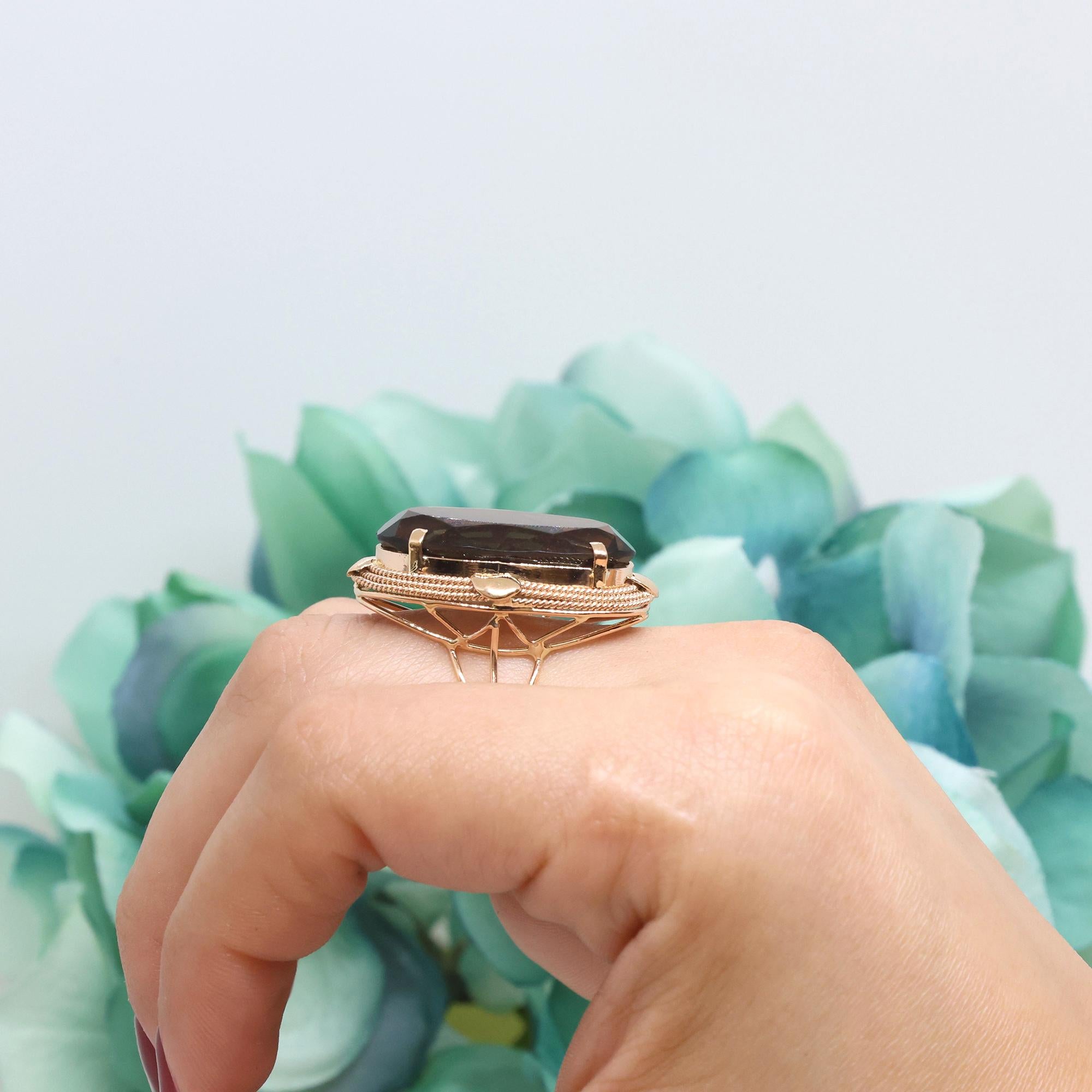 Vintage Smoky Quartz Gemstone Solitaire Ring 14K Yellow Gold Size 6.5 Estate