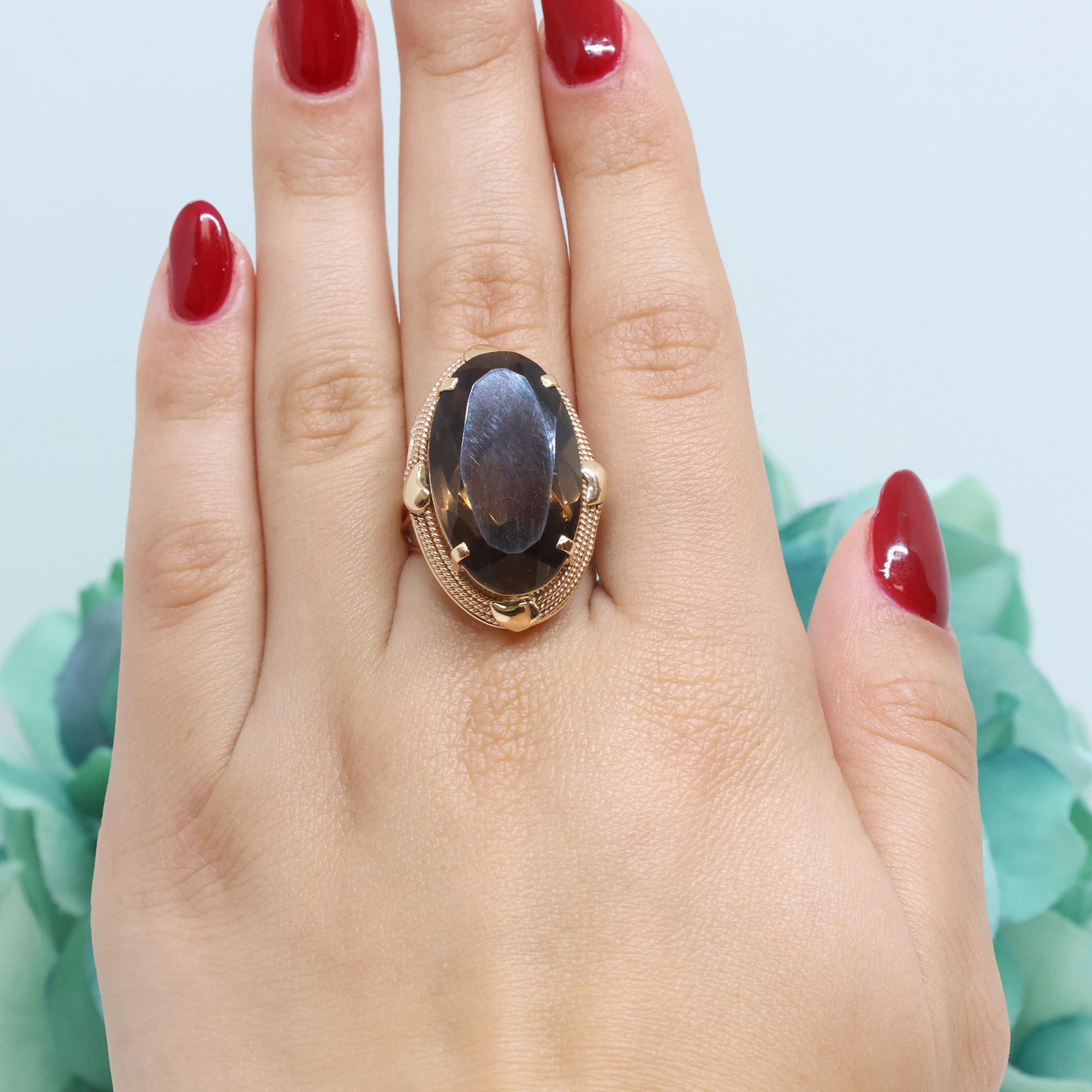 Vintage Smoky Quartz Gemstone Solitaire Ring 14K Yellow Gold Size 6.5 Estate