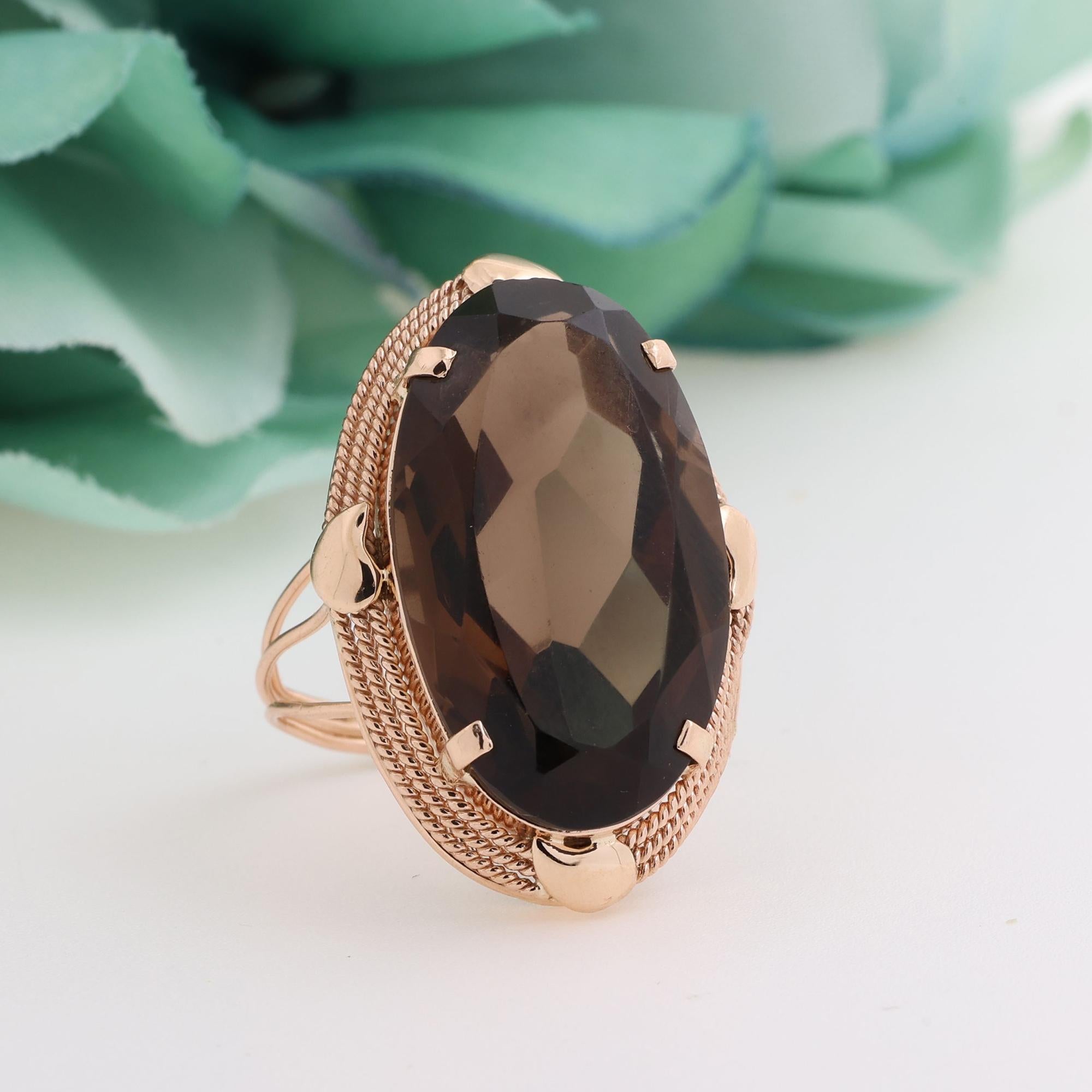 Vintage Smoky Quartz Gemstone Solitaire Ring 14K Yellow Gold Size 6.5 Estate