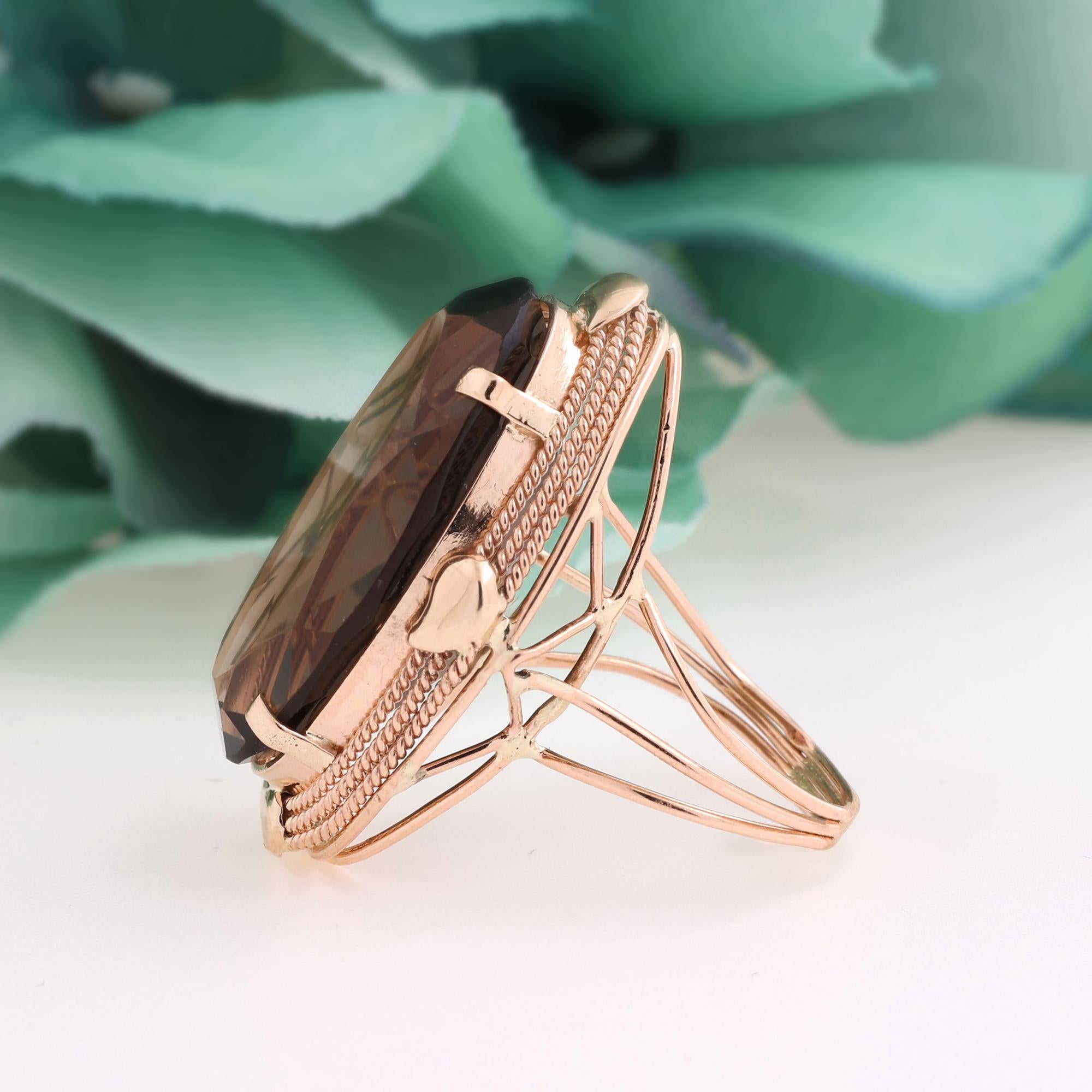 Vintage Smoky Quartz Gemstone Solitaire Ring 14K Yellow Gold Size 6.5 Estate