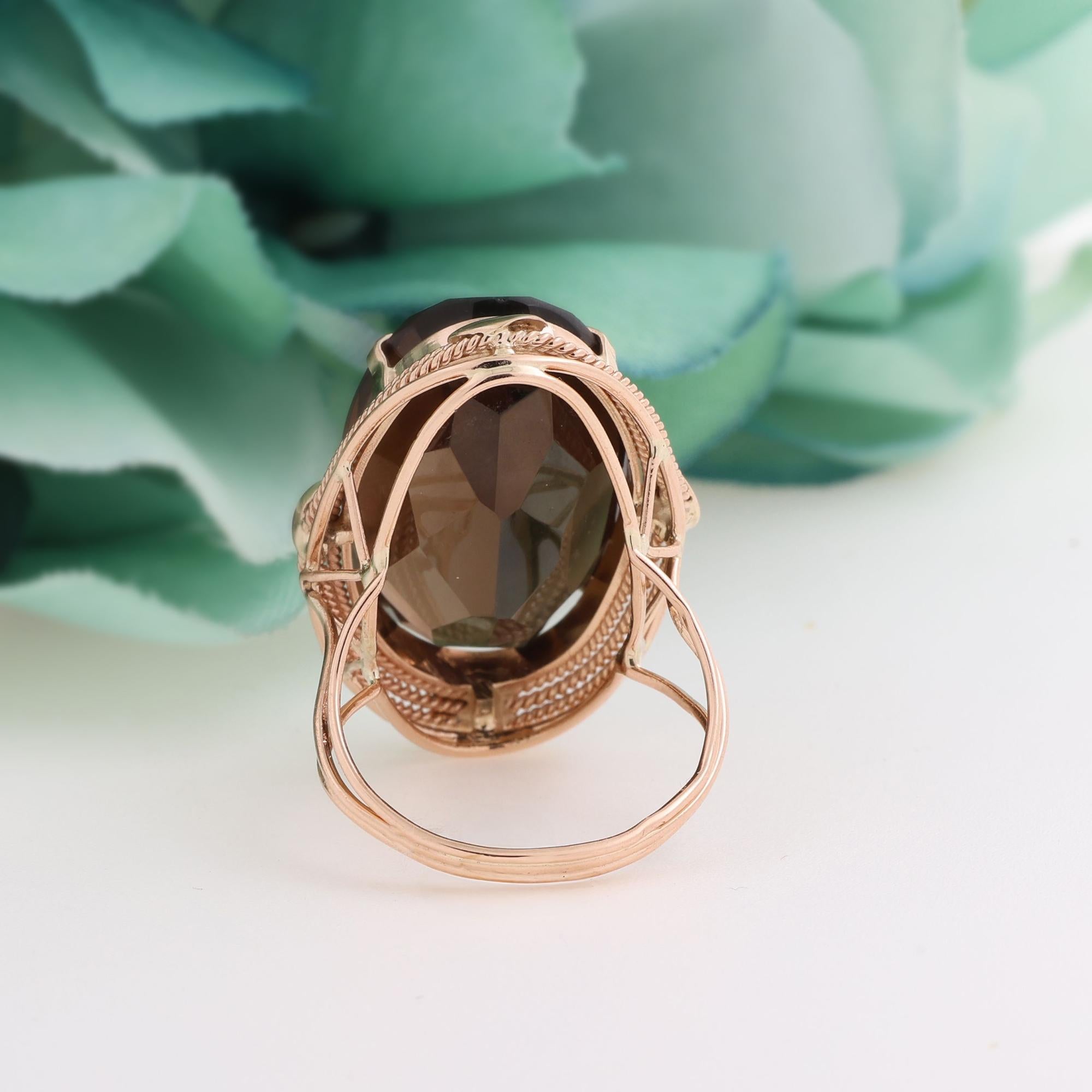 Vintage Smoky Quartz Gemstone Solitaire Ring 14K Yellow Gold Size 6.5 Estate