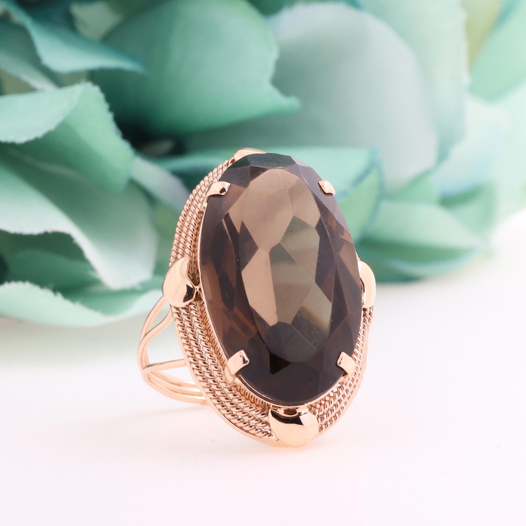 Vintage Smoky Quartz Gemstone Solitaire Ring 14K Yellow Gold Size 6.5 Estate