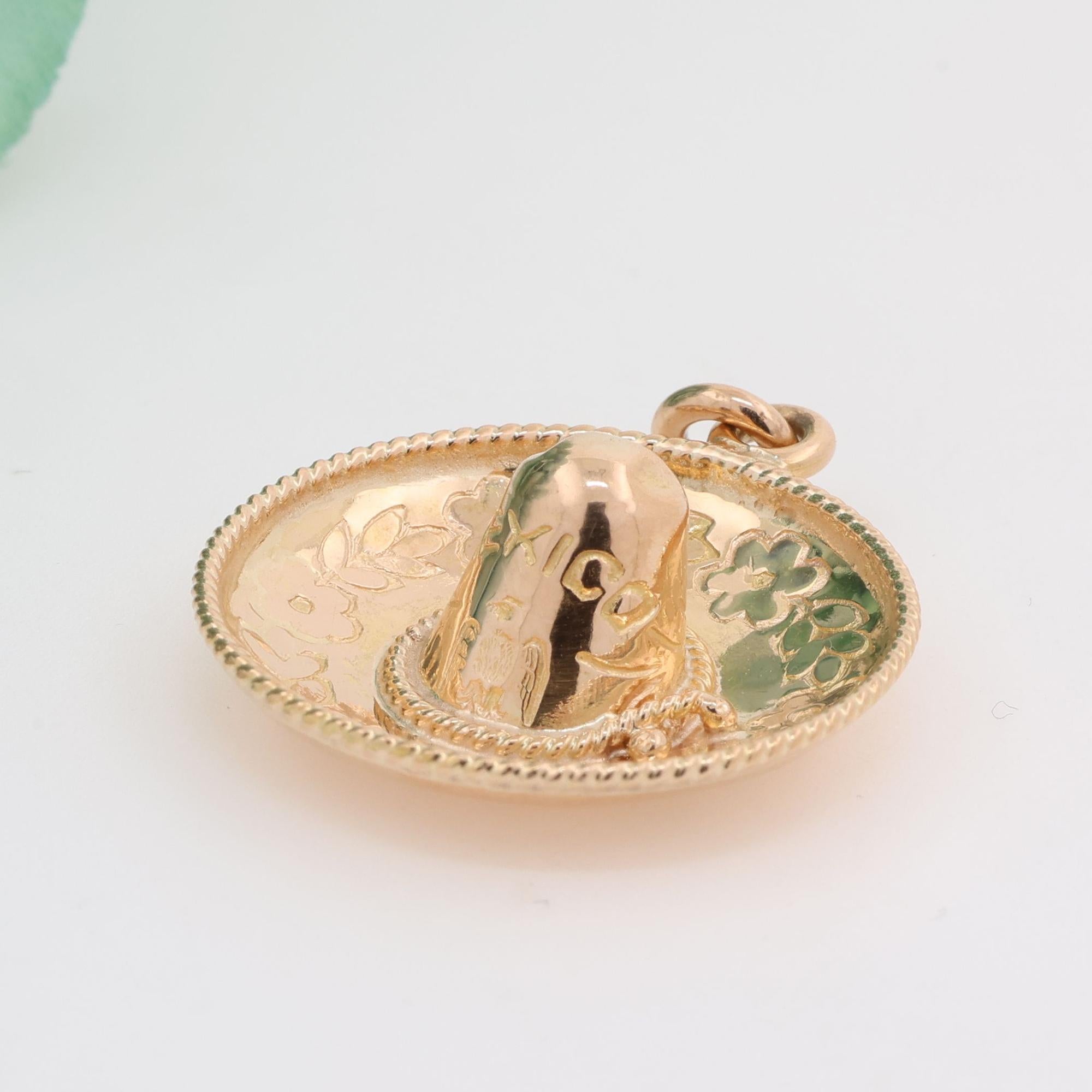 Sombrero Charm Pendant 18K Yellow Gold Floral Design 1.40" Hat Unisex Estate