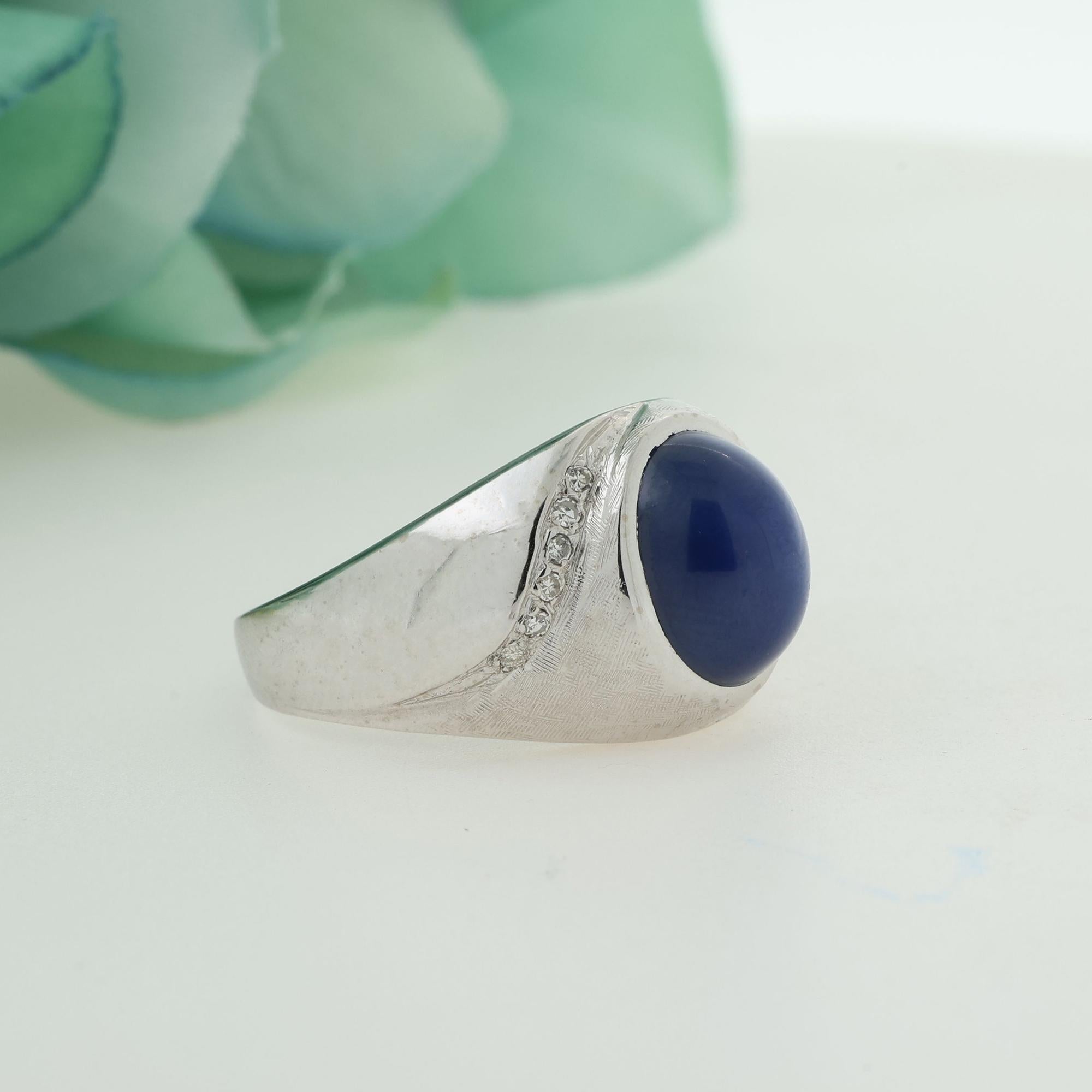Star Sapphire Diamond Ring 10K White Gold Cabochon Gemstone 3.35 CTW Size 10.5