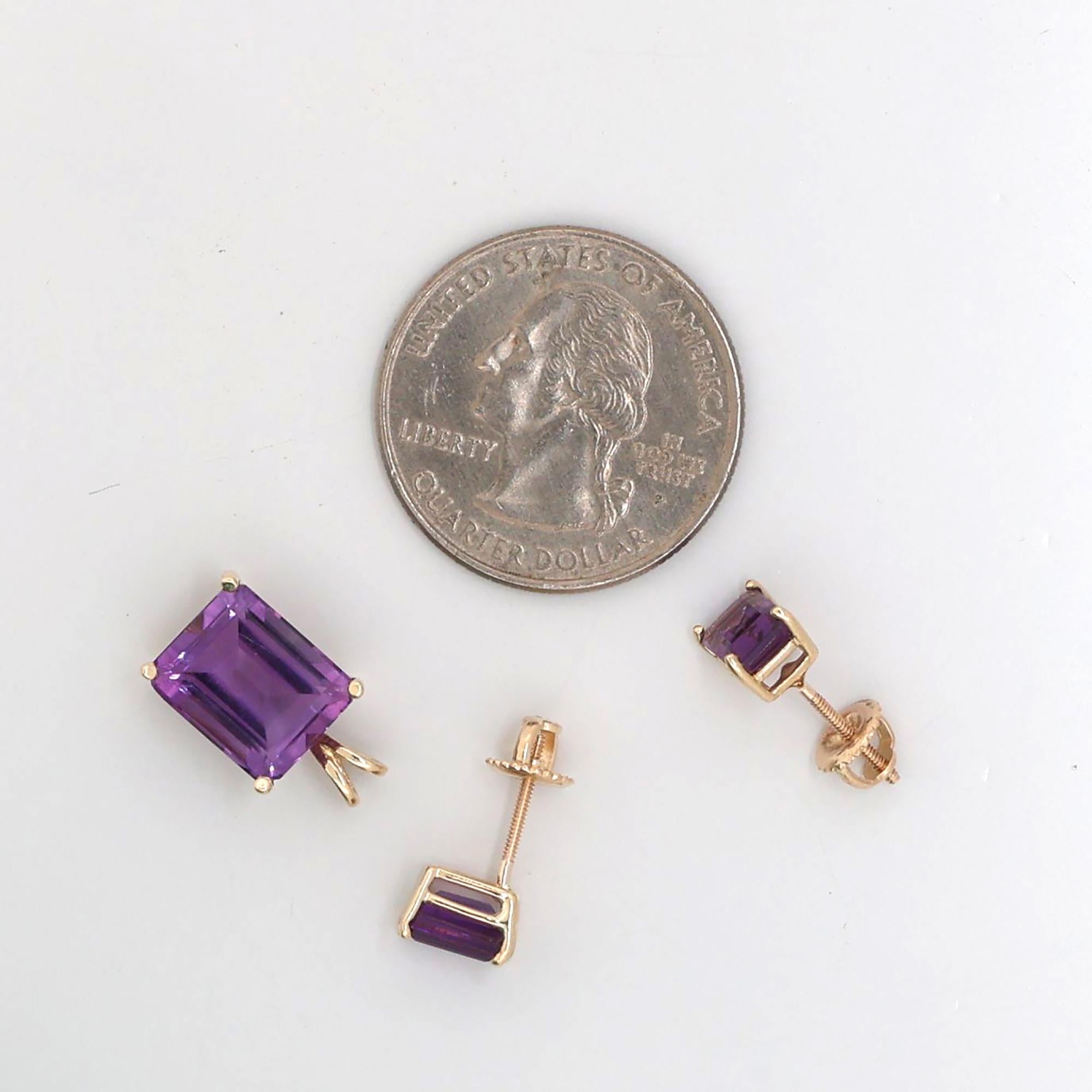 Emerald Cut Amethyst Pendant And Earring Set 14K Yellow Gold 6.04 CTW Estate