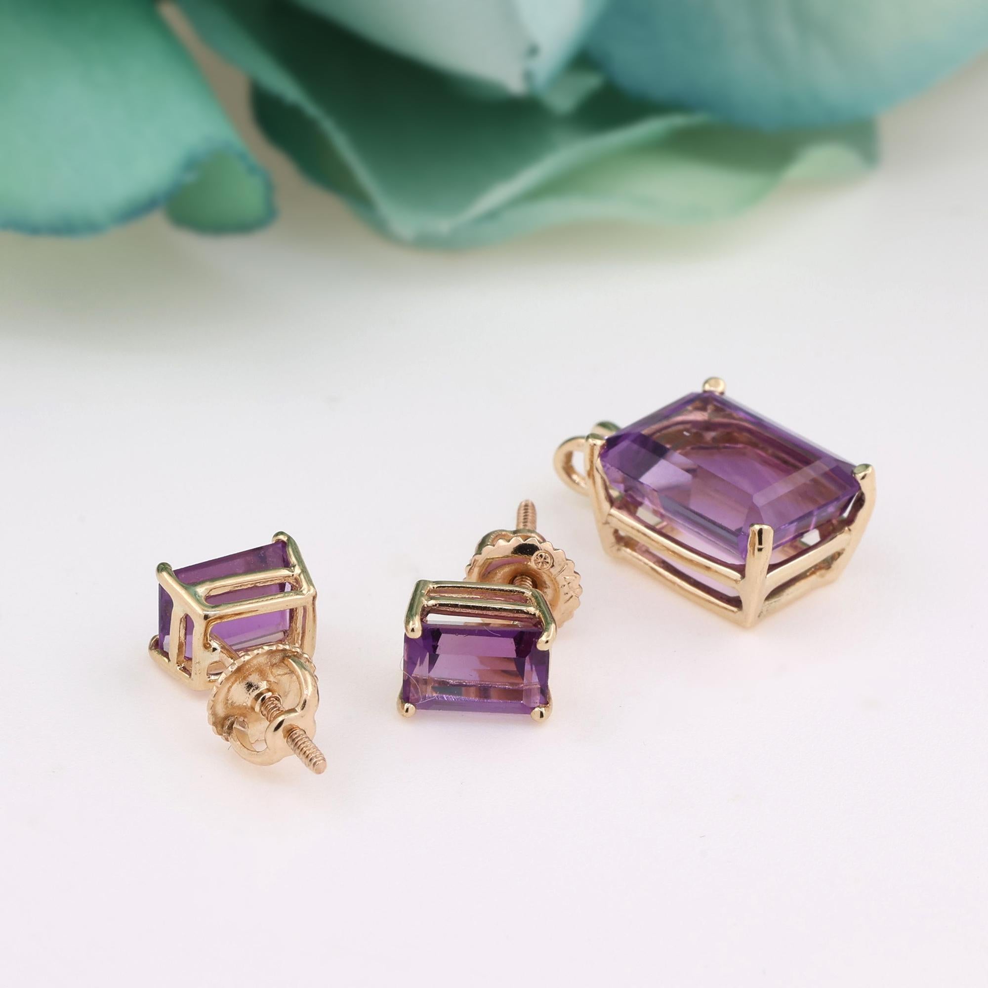 Emerald Cut Amethyst Pendant And Earring Set 14K Yellow Gold 6.04 CTW Estate