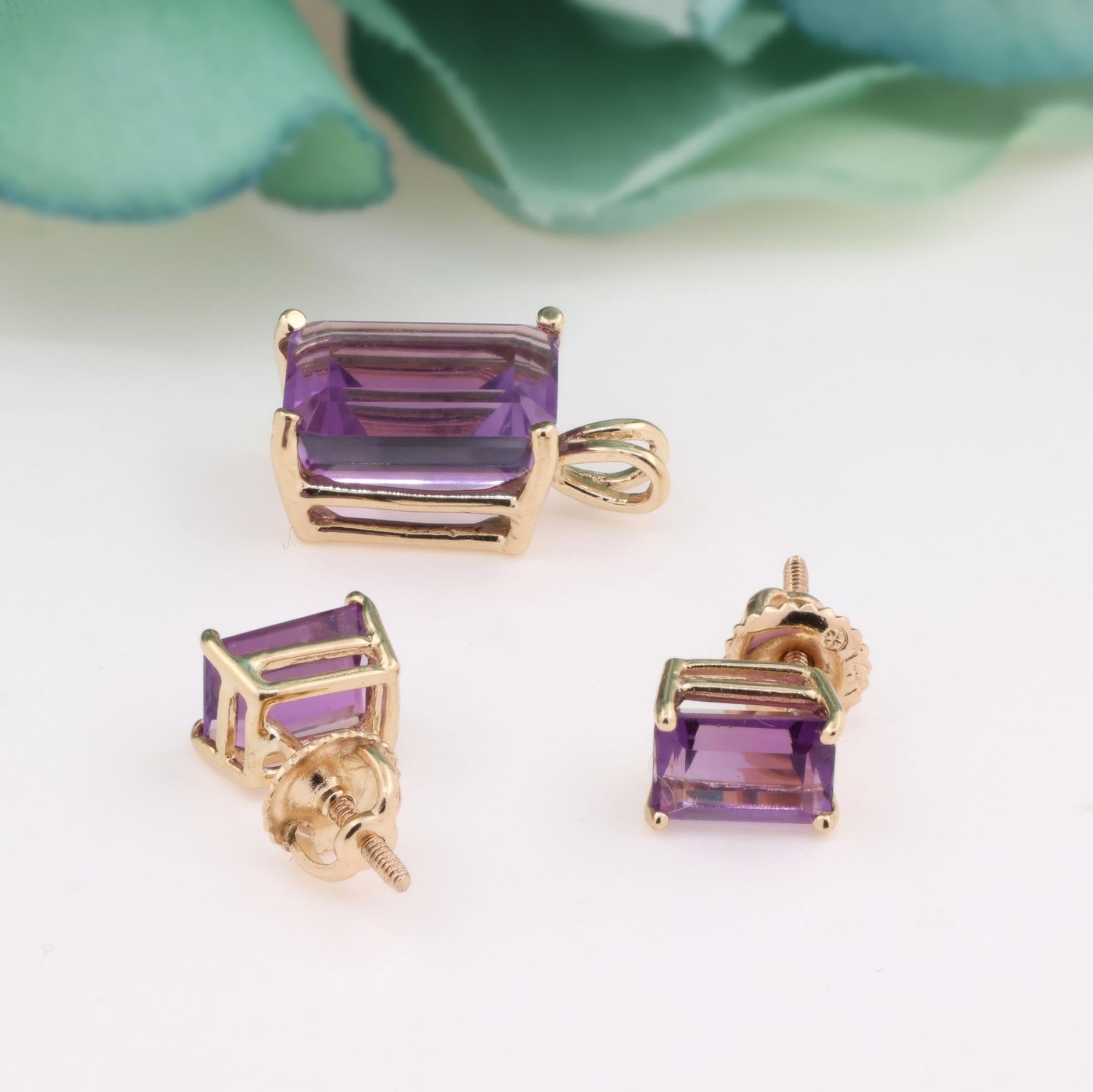 Emerald Cut Amethyst Pendant And Earring Set 14K Yellow Gold 6.04 CTW Estate