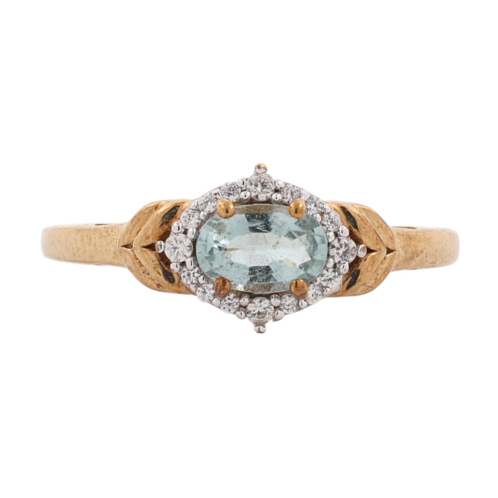 Blue Topaz White Topaz Halo Ring 9K Yellow Gold Size 7.25 Vintage Style
