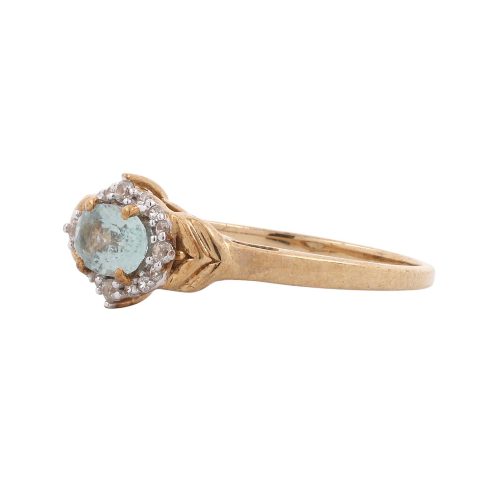 Blue Topaz White Topaz Halo Ring 9K Yellow Gold Size 7.25 Vintage Style