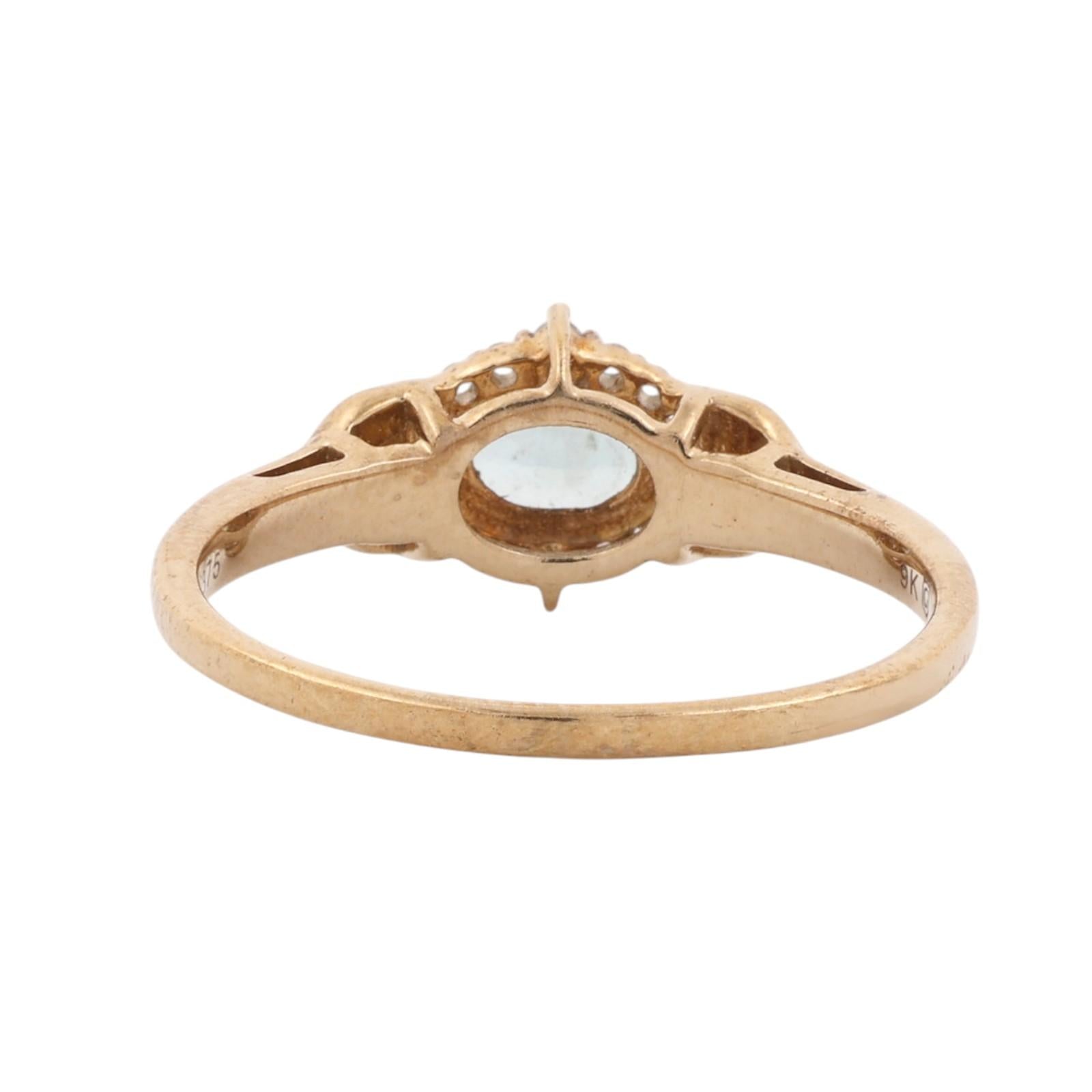 Blue Topaz White Topaz Halo Ring 9K Yellow Gold Size 7.25 Vintage Style