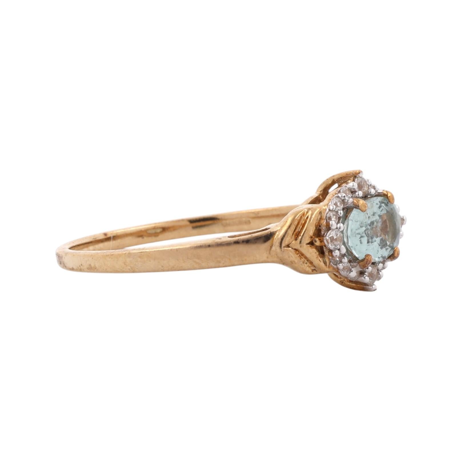 Blue Topaz White Topaz Halo Ring 9K Yellow Gold Size 7.25 Vintage Style