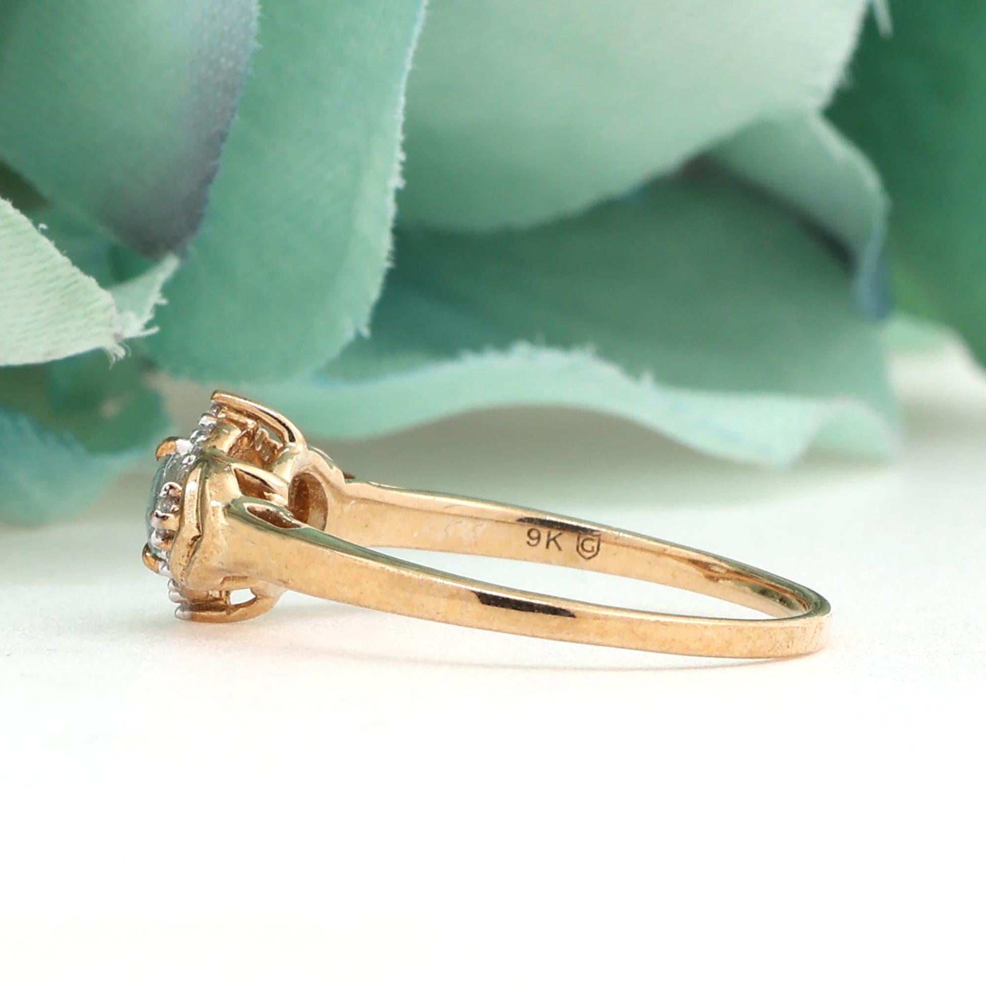 Blue Topaz White Topaz Halo Ring 9K Yellow Gold Size 7.25 Vintage Style