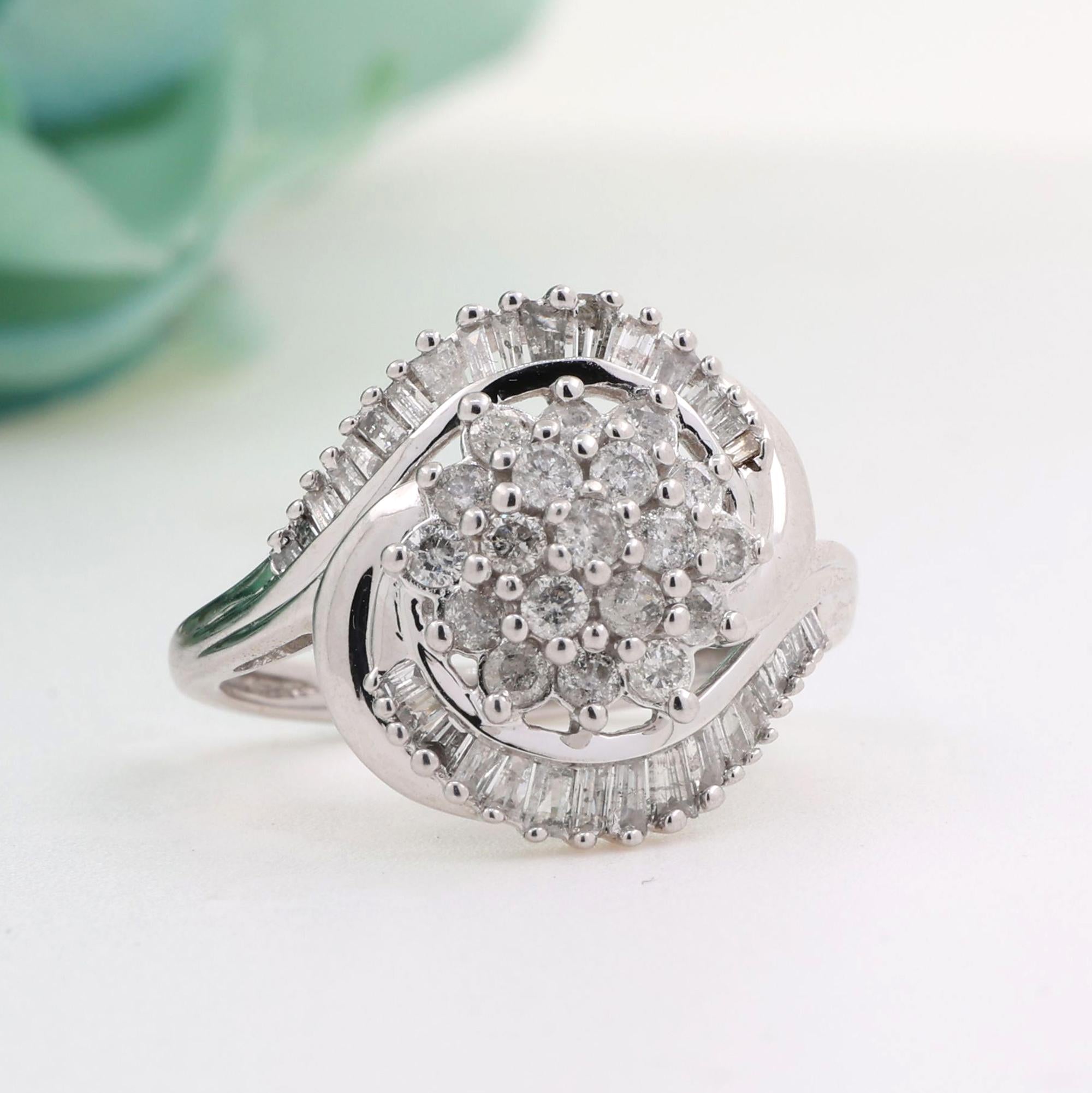 1.00 TW Diamond Floral Cocktail Ring 10K White Gold Swirl Size 7 Estate