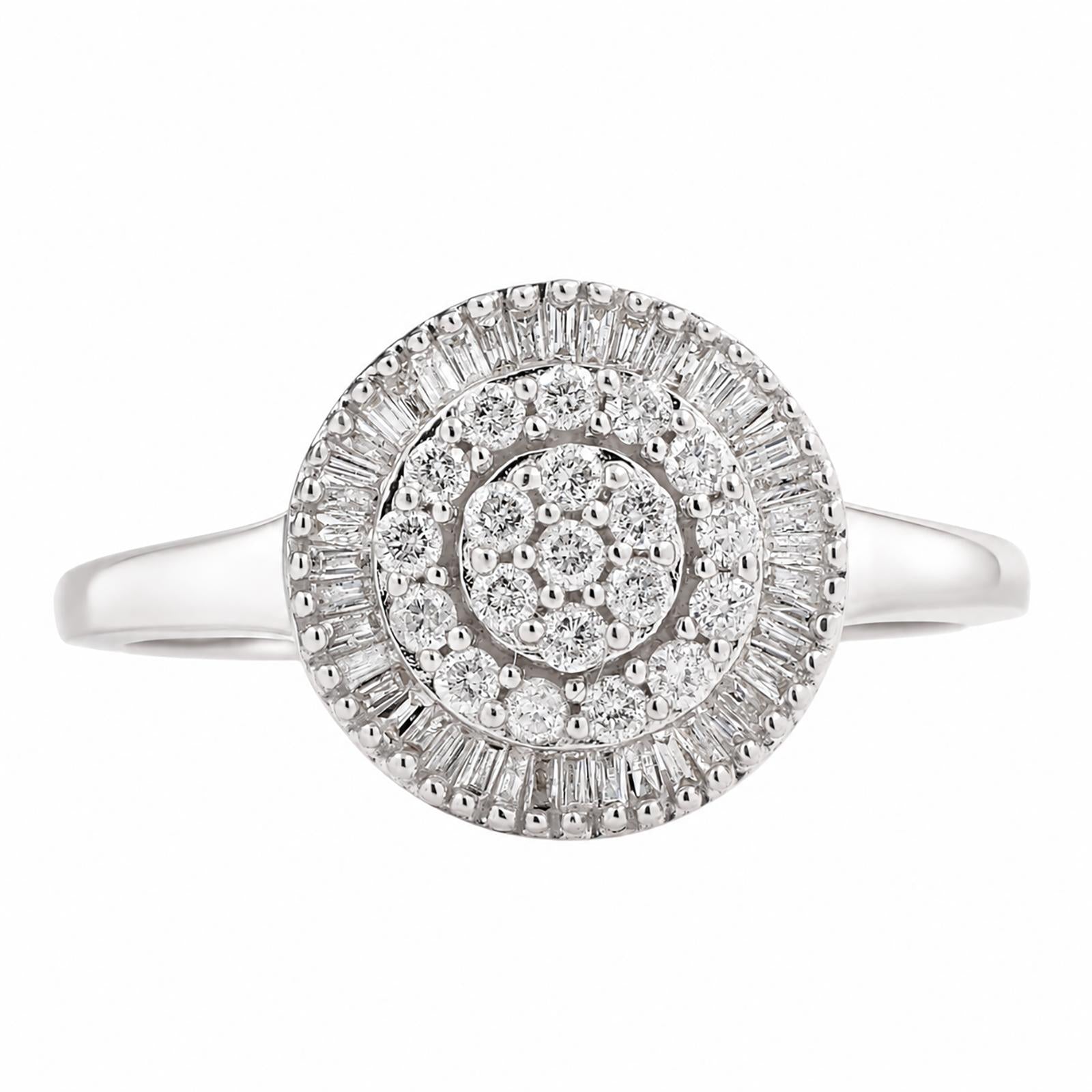 9K White Gold 0.70CTW Round and Baguette Diamond Double Halo Cluster Ring Sz 9