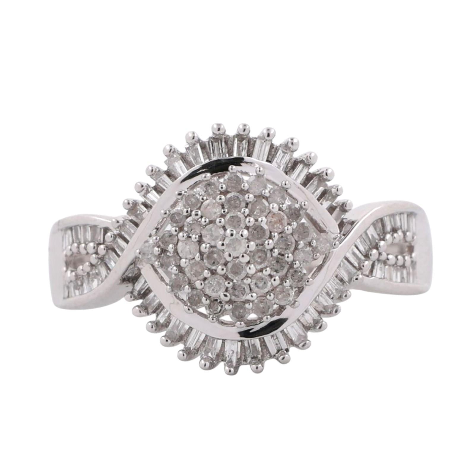 Cluster Diamond Swirl Cocktail Ring 10K White Gold 0.75 TW Baguette Round Size 7
