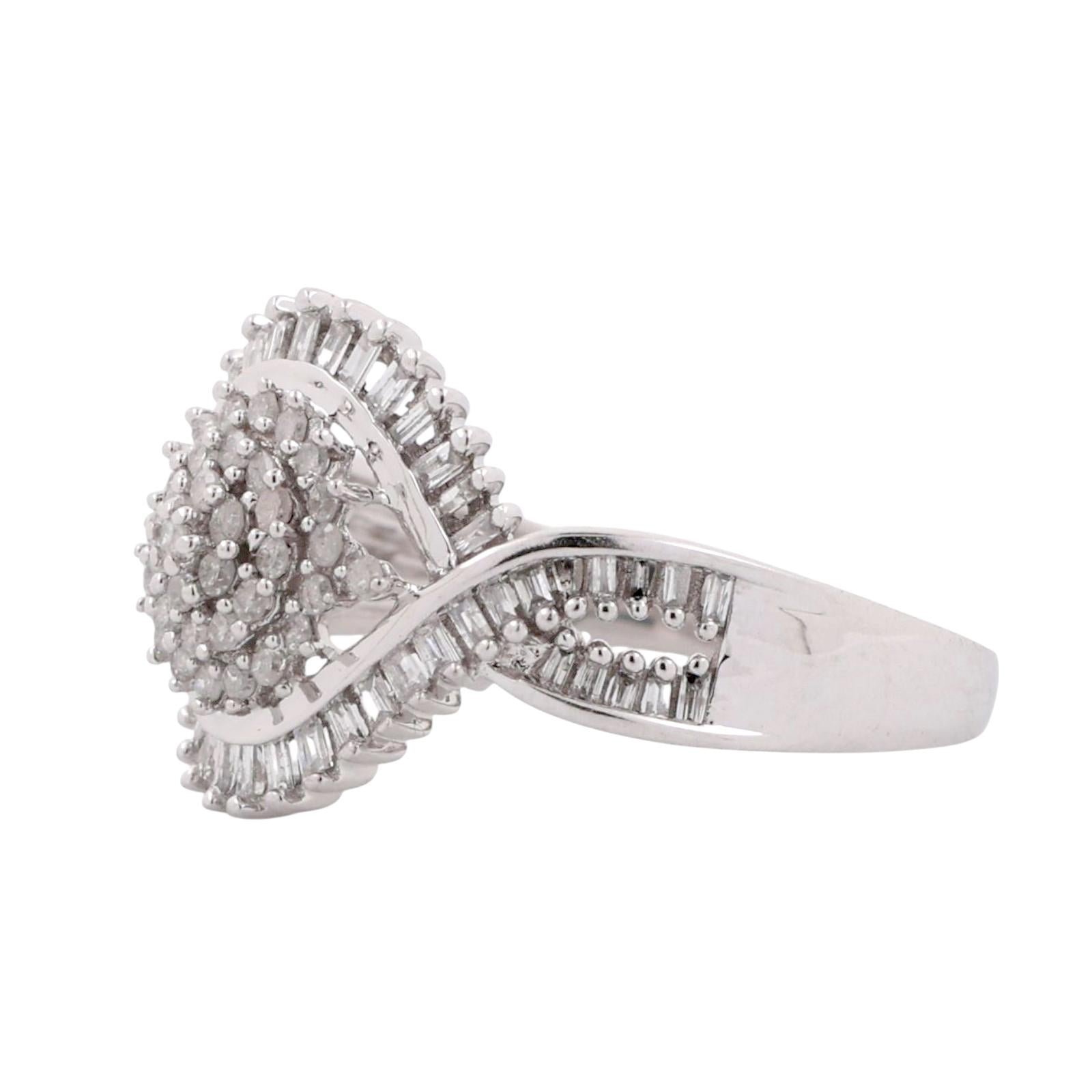 Cluster Diamond Swirl Cocktail Ring 10K White Gold 0.75 TW Baguette Round Size 7