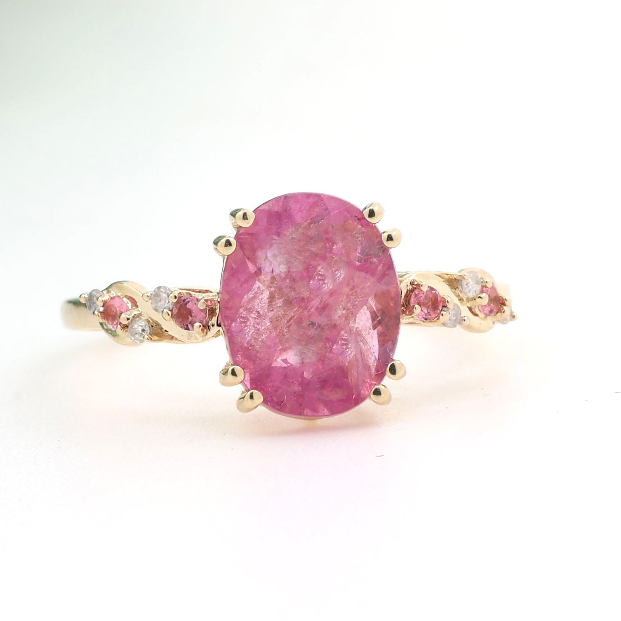 Ladies Oval Pink Topaz Diamond Accent Ring 9K Yellow Gold 3.50 CTW Size 7