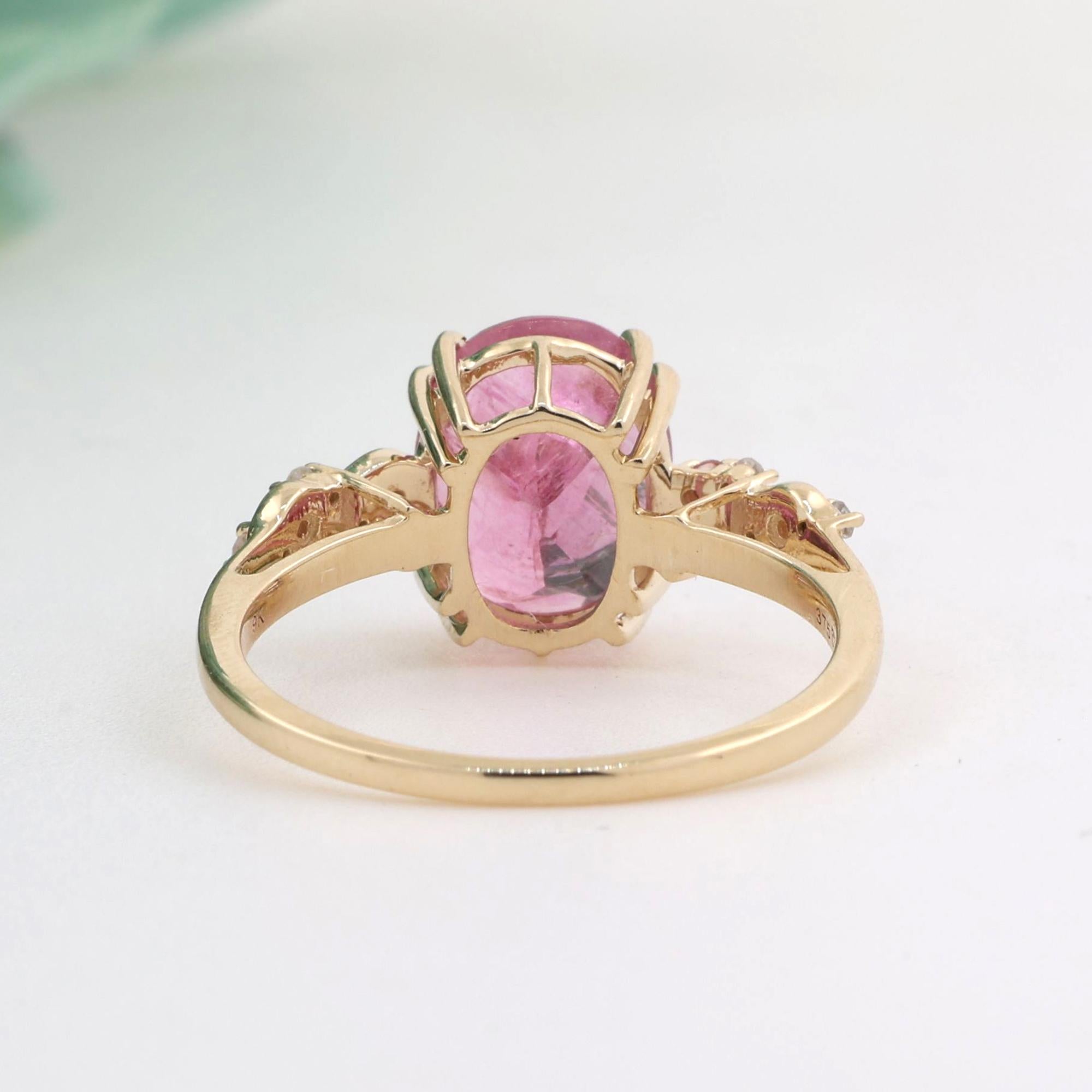 Ladies Oval Pink Topaz Diamond Accent Ring 9K Yellow Gold 3.50 CTW Size 7