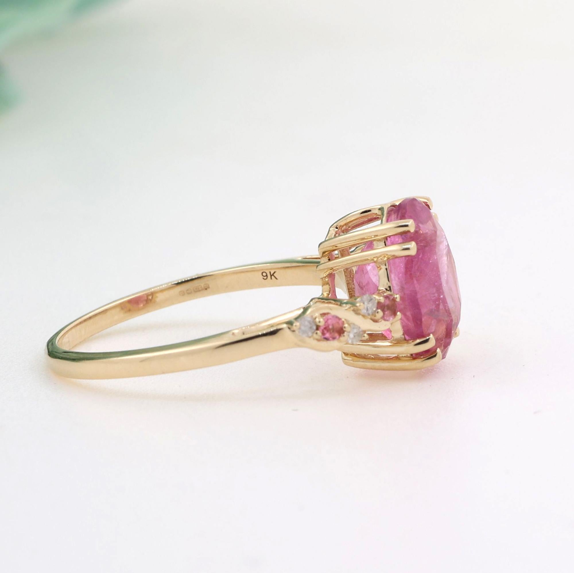 Ladies Oval Pink Topaz Diamond Accent Ring 9K Yellow Gold 3.50 CTW Size 7