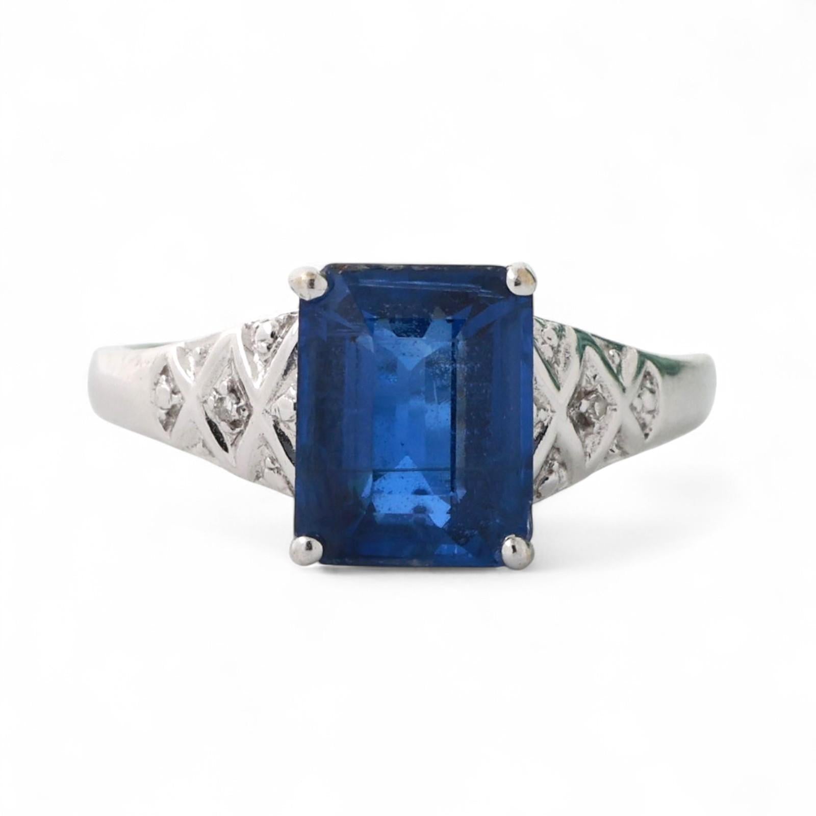 Emerald Cut Blue Sapphire Diamond Ring 10K White Gold 3.06 CTW Lab Grown Gem