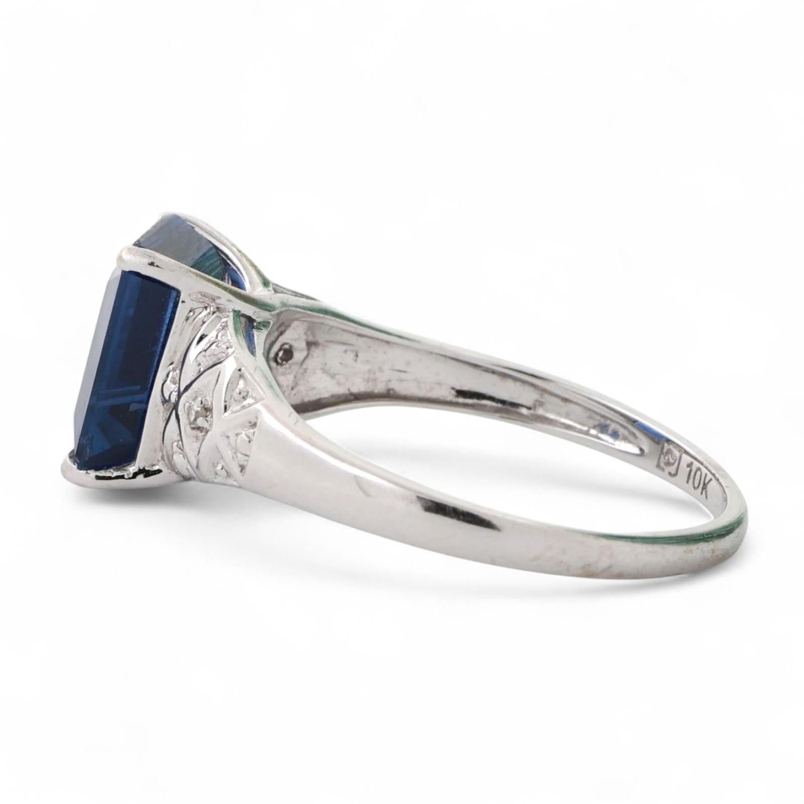 Emerald Cut Blue Sapphire Diamond Ring 10K White Gold 3.06 CTW Lab Grown Gem