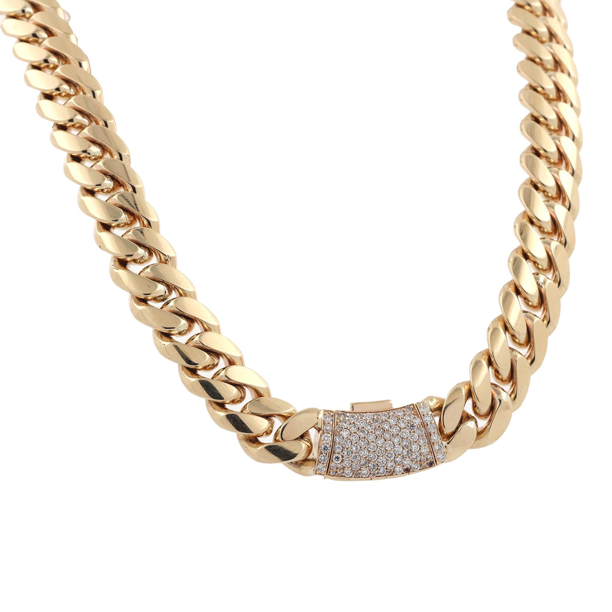 14K Yellow Gold Cuban Link Chain Necklace 1.75 TW Diamond Clasp 20" Unisex