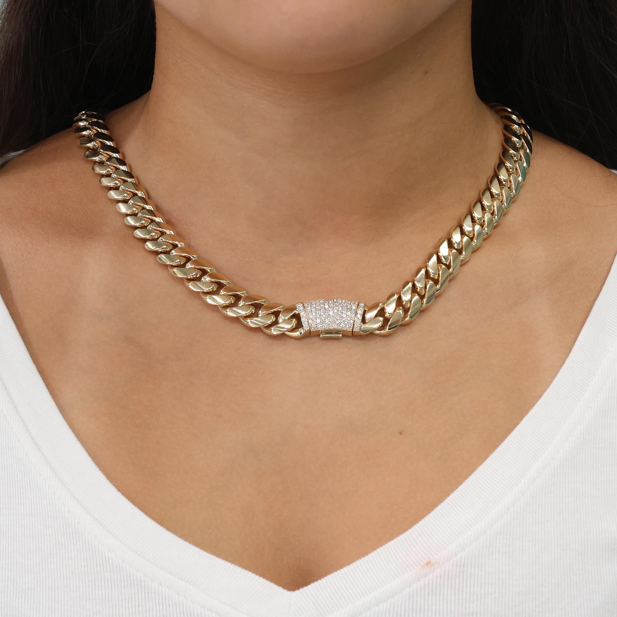 14K Yellow Gold Cuban Link Chain Necklace 1.75 TW Diamond Clasp 20" Unisex