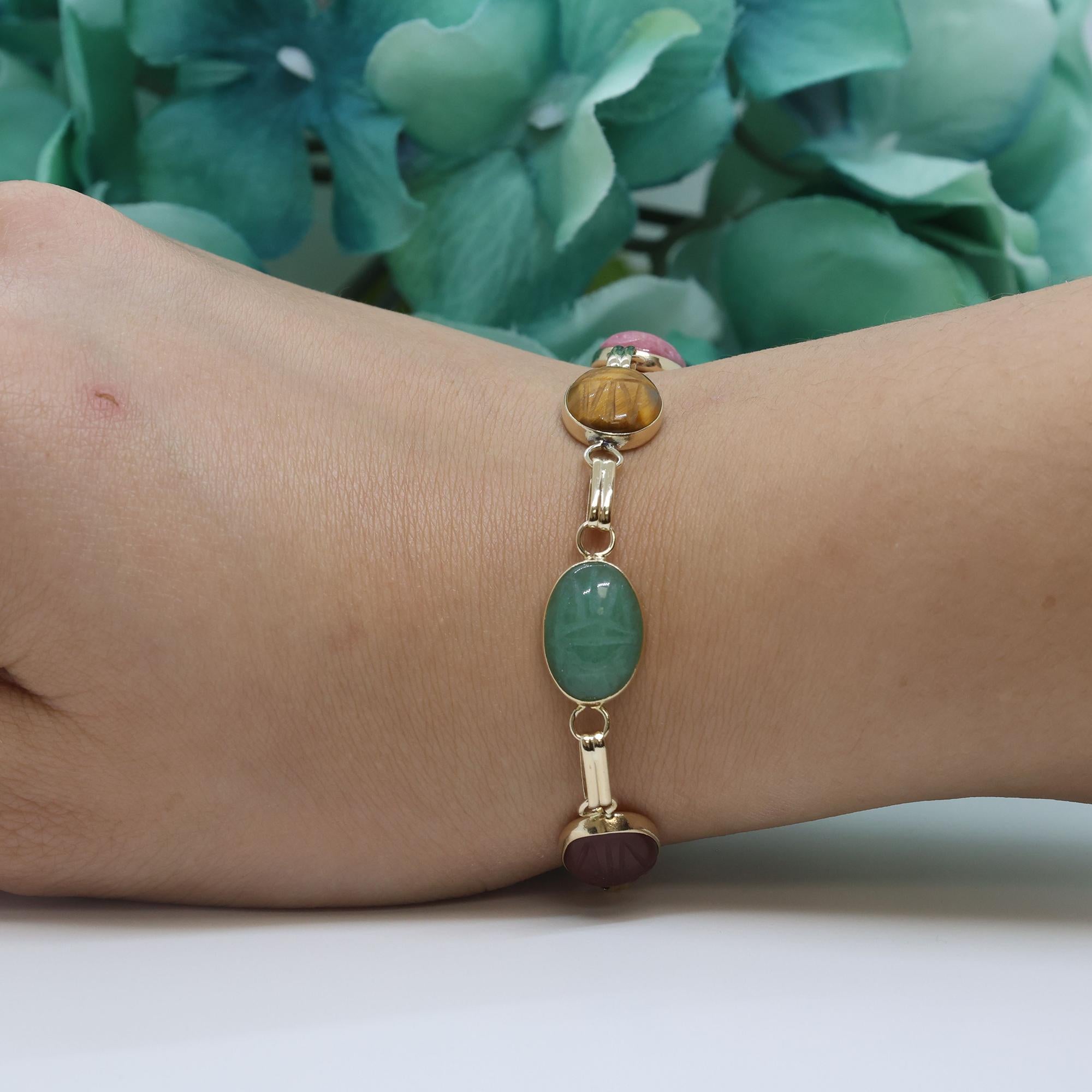 Vintage Scarab Gemstone Bracelet 14K Yellow Gold Oval Scarab Gems Handmade 7.25"