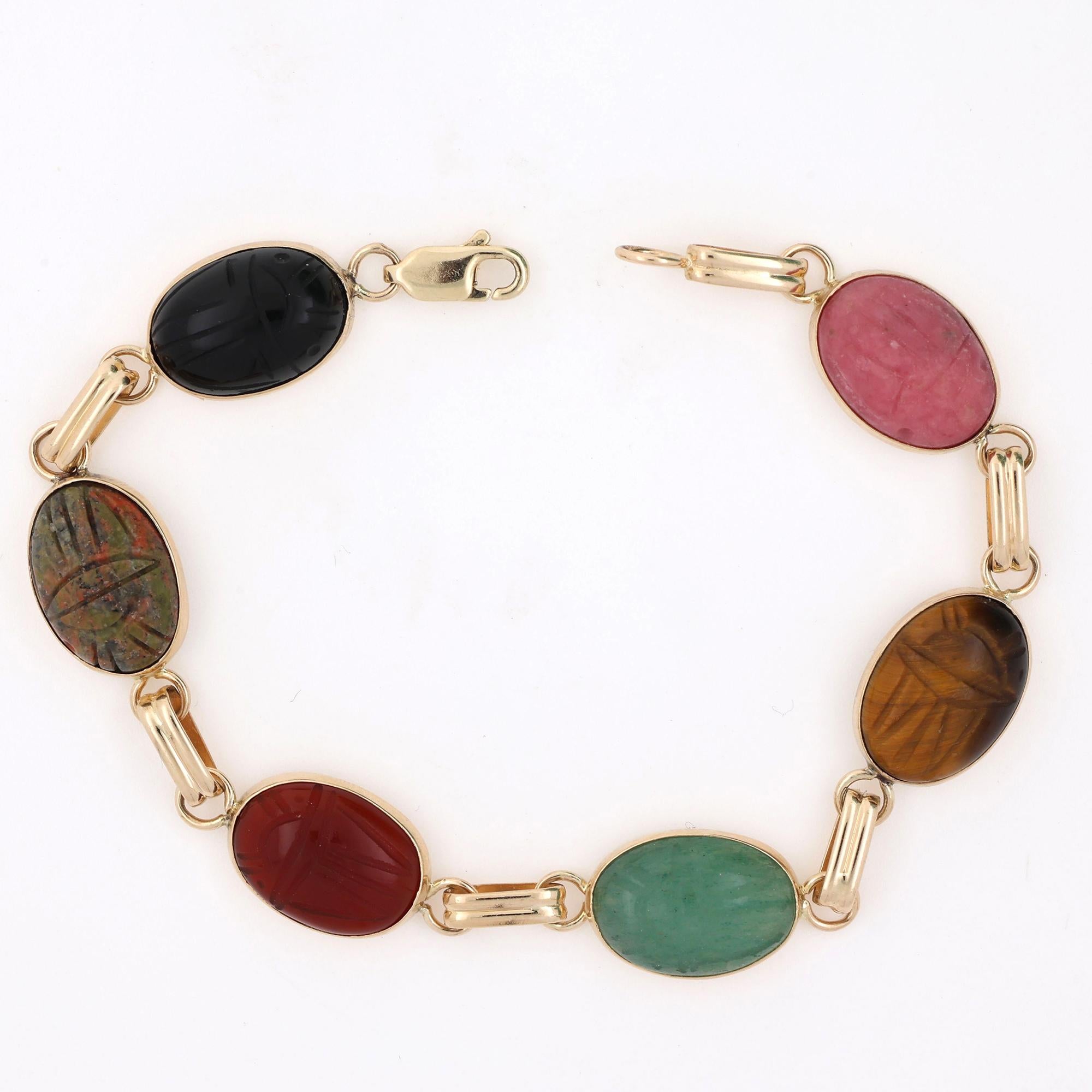 Vintage Scarab Gemstone Bracelet 14K Yellow Gold Oval Scarab Gems Handmade 7.25"