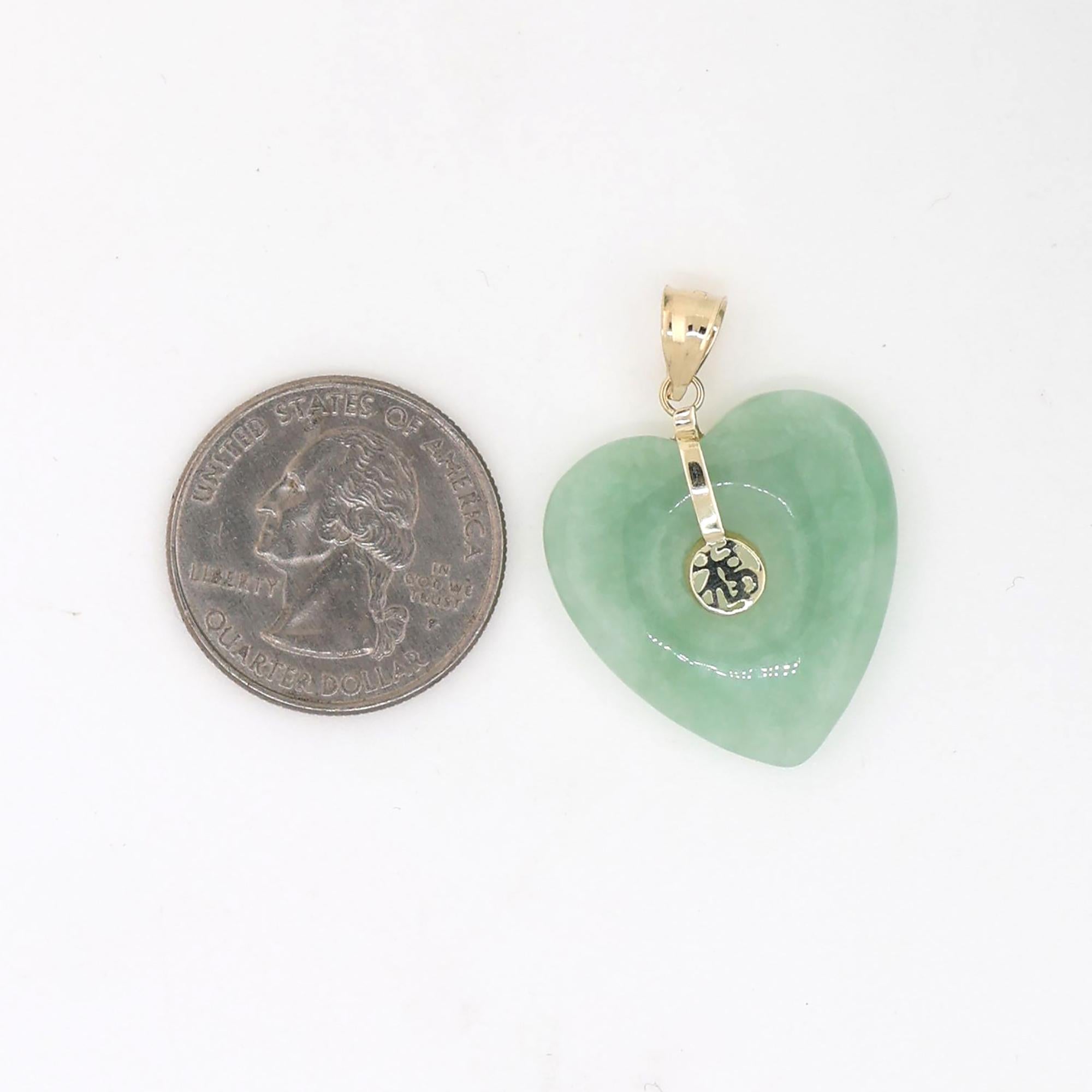 Heart Jadeite Jade Pendant Charm 14K Yellow Gold 1.35" Estate