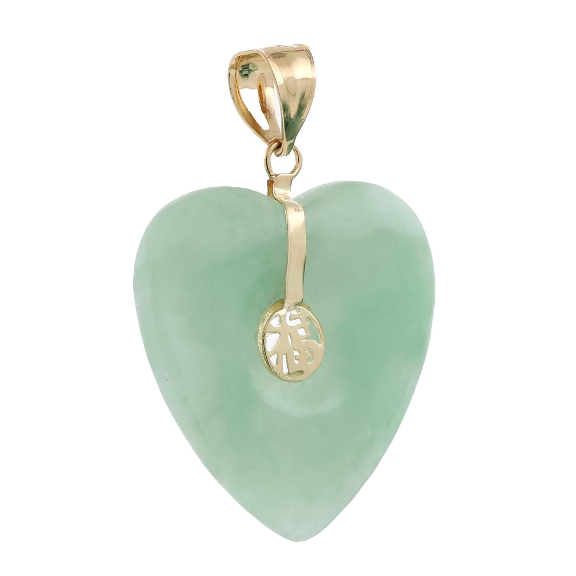 Heart Jadeite Jade Pendant Charm 14K Yellow Gold 1.35" Estate