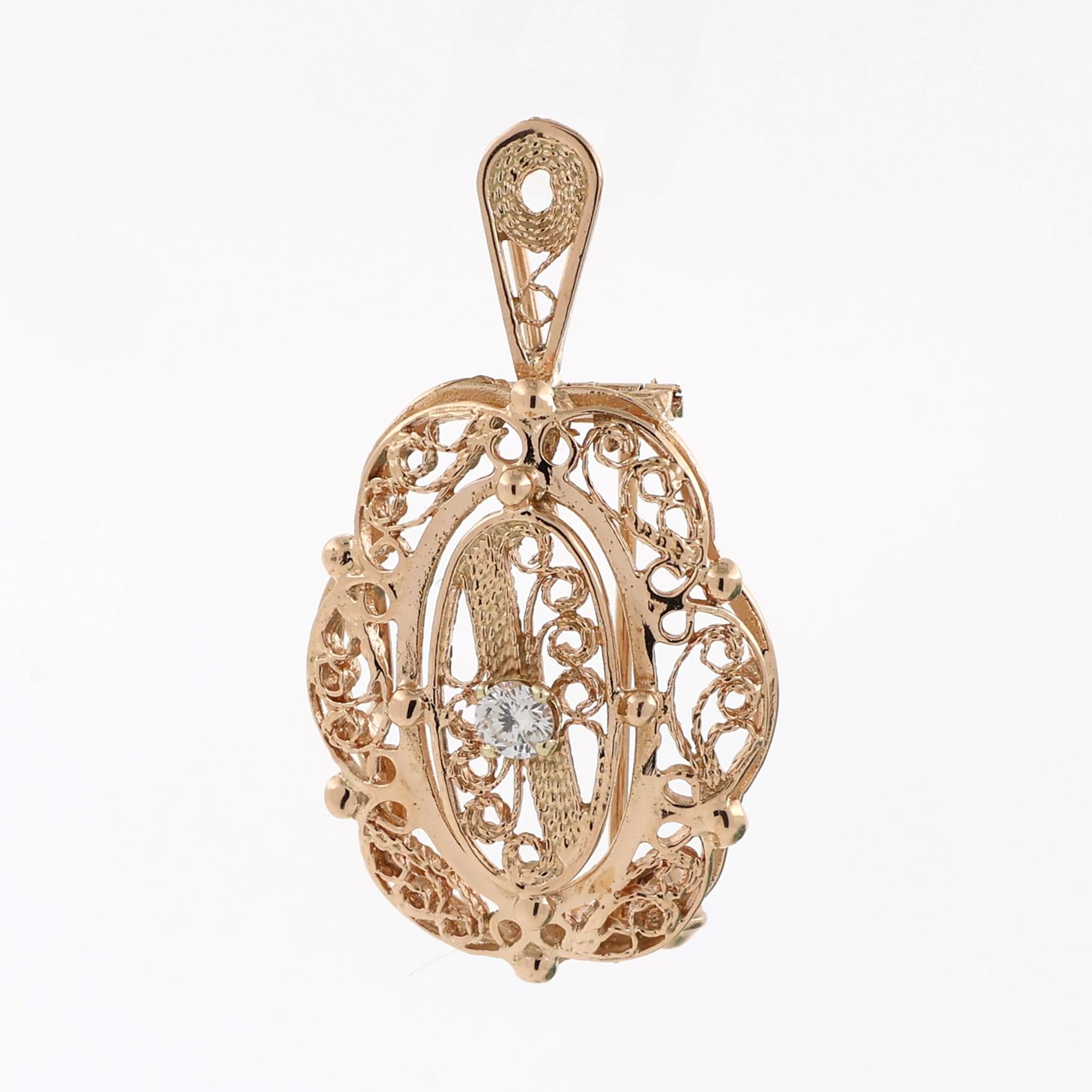 Vintage Diamond Filigree Pendant Brooch Pin 14K Yellow Gold 0.15 TW 1.35" Estate