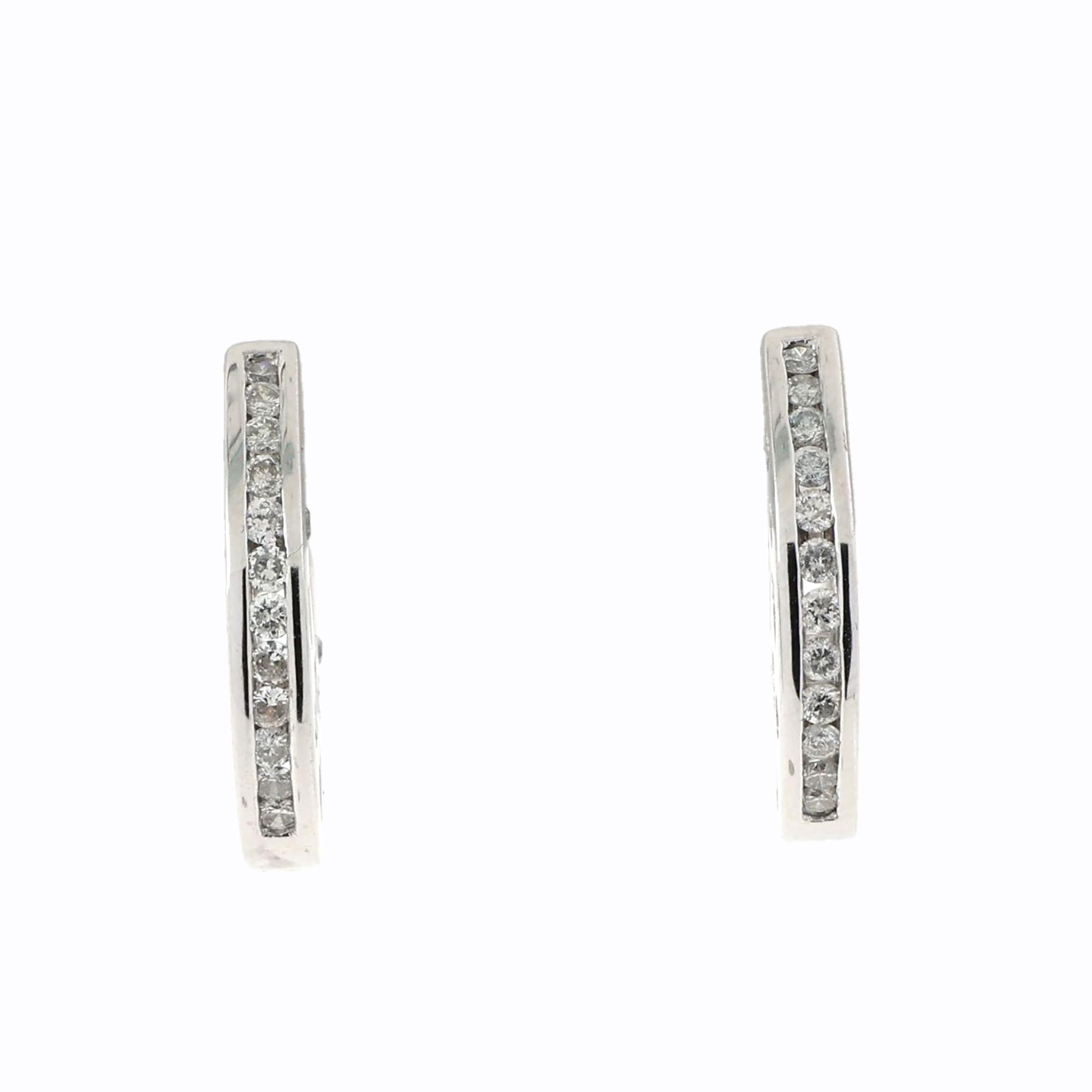 Diamond Huggie Hoop Earrings Heart Motif 14K White Gold 0.90 TW 0.60" Ladies