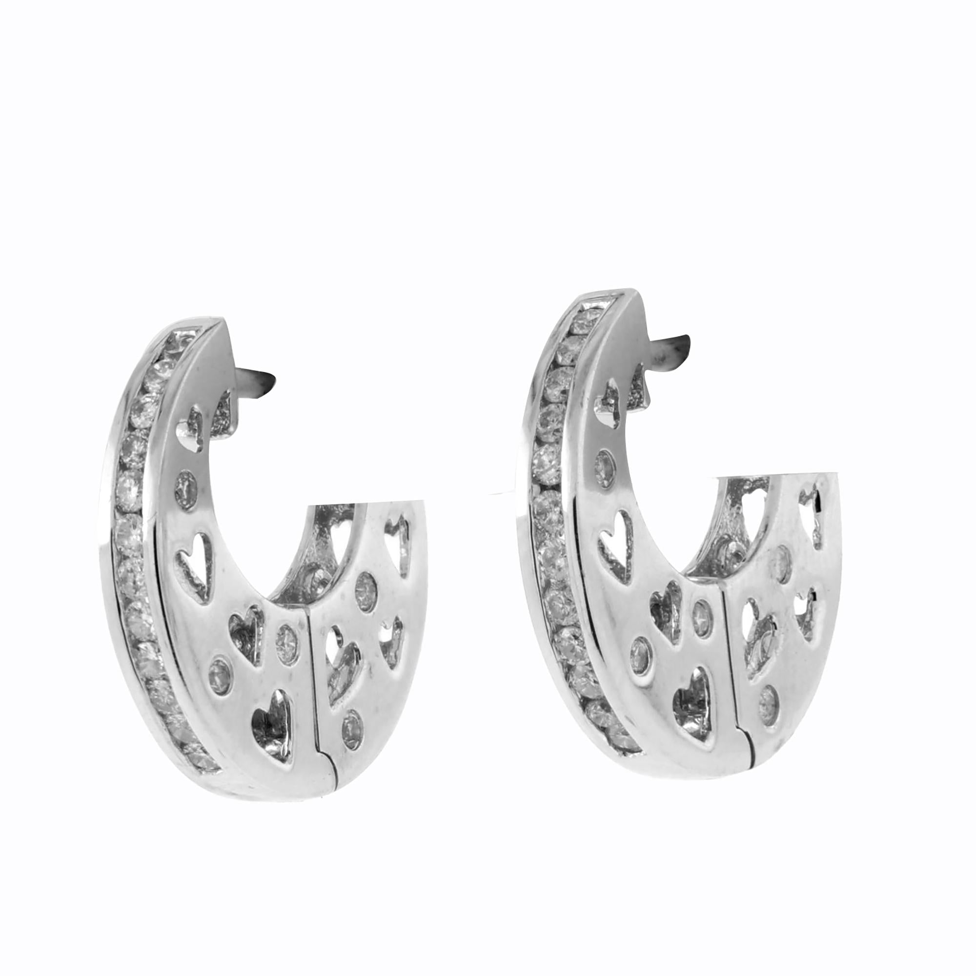Diamond Huggie Hoop Earrings Heart Motif 14K White Gold 0.90 TW 0.60" Ladies
